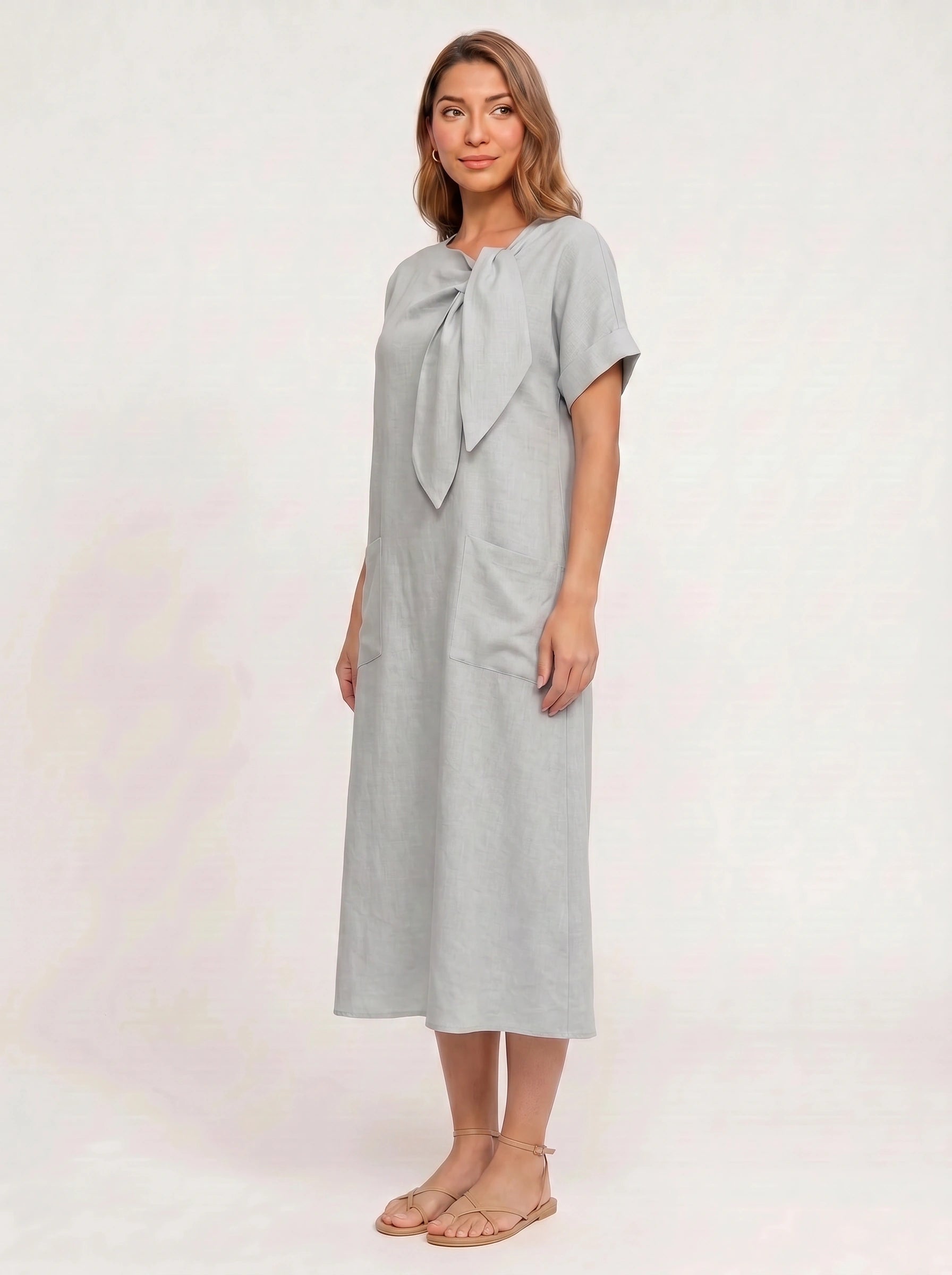 Linavie Tie-Neck Linen Midi Dress – Women Casual Summer Relaxed Fit Short Sleeve Pocket Midi Dress