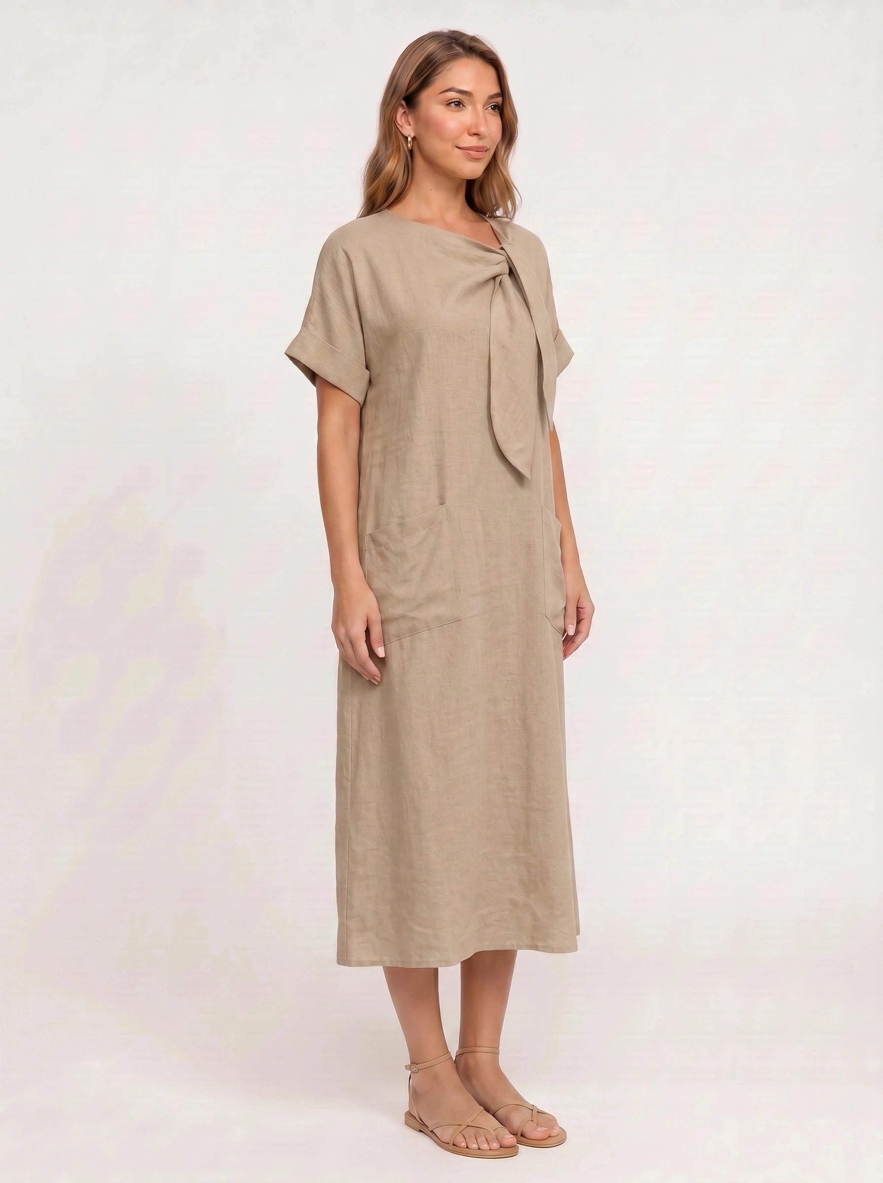 Linavie Tie-Neck Linen Midi Dress – Women Casual Summer Relaxed Fit Short Sleeve Pocket Midi Dress