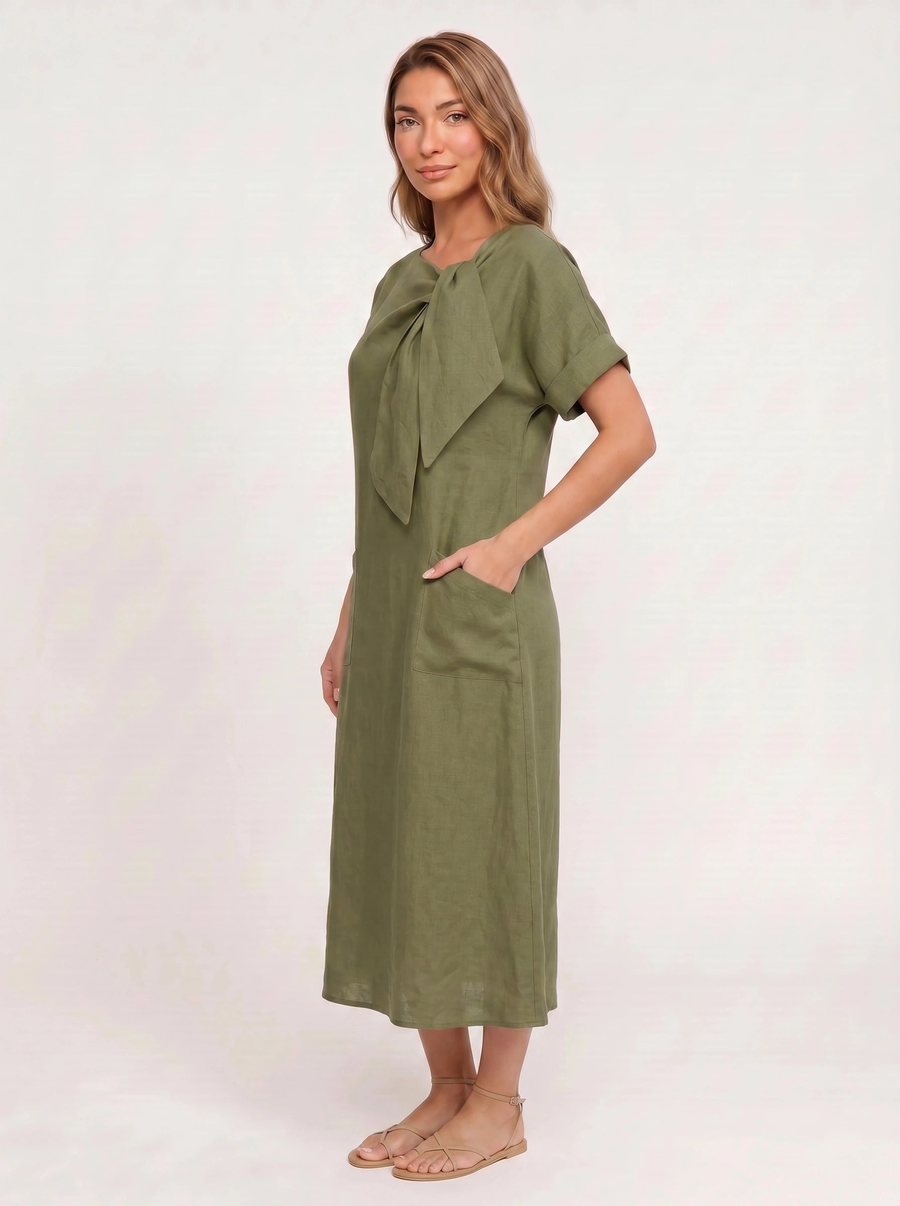 Linavie Tie-Neck Linen Midi Dress – Women Casual Summer Relaxed Fit Short Sleeve Pocket Midi Dress