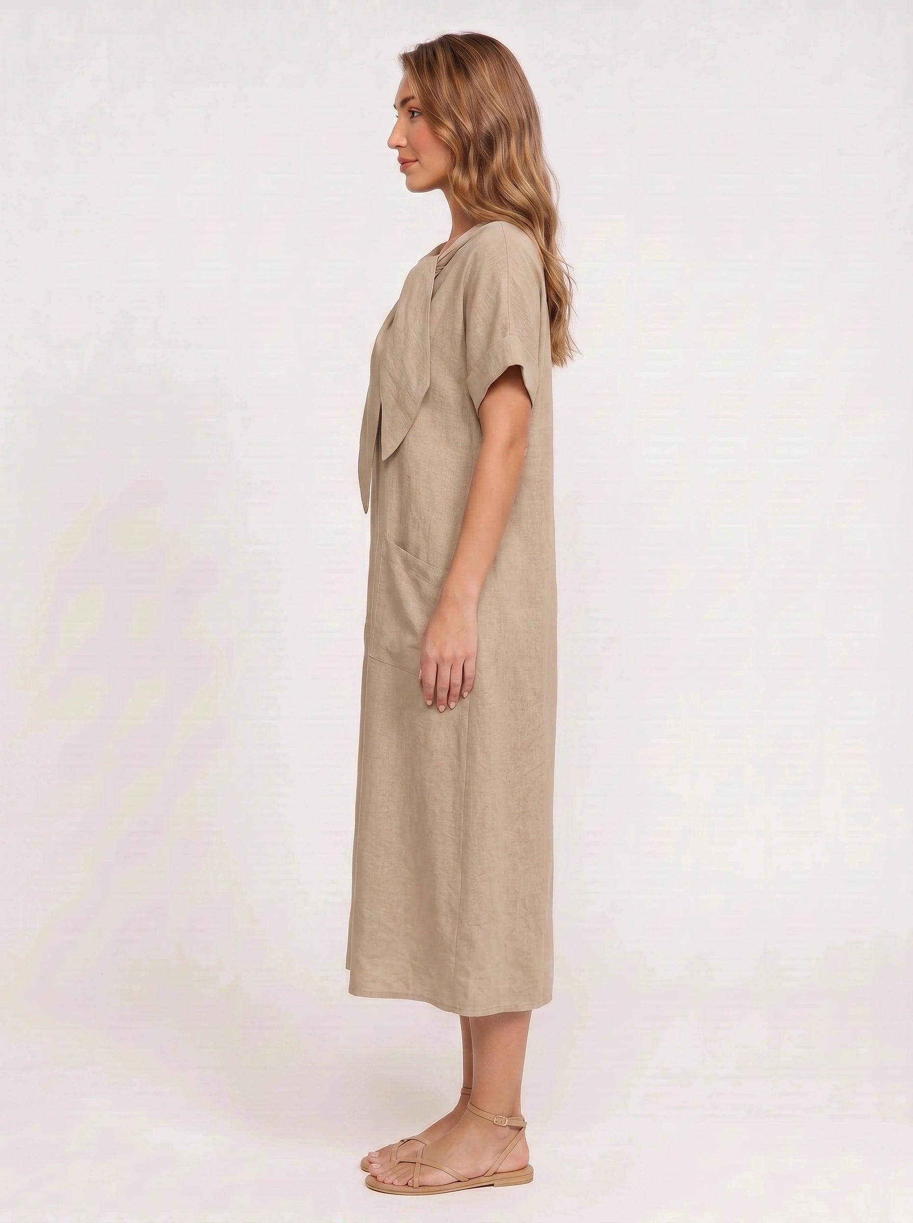 Linavie Tie-Neck Linen Midi Dress – Women Casual Summer Relaxed Fit Short Sleeve Pocket Midi Dress