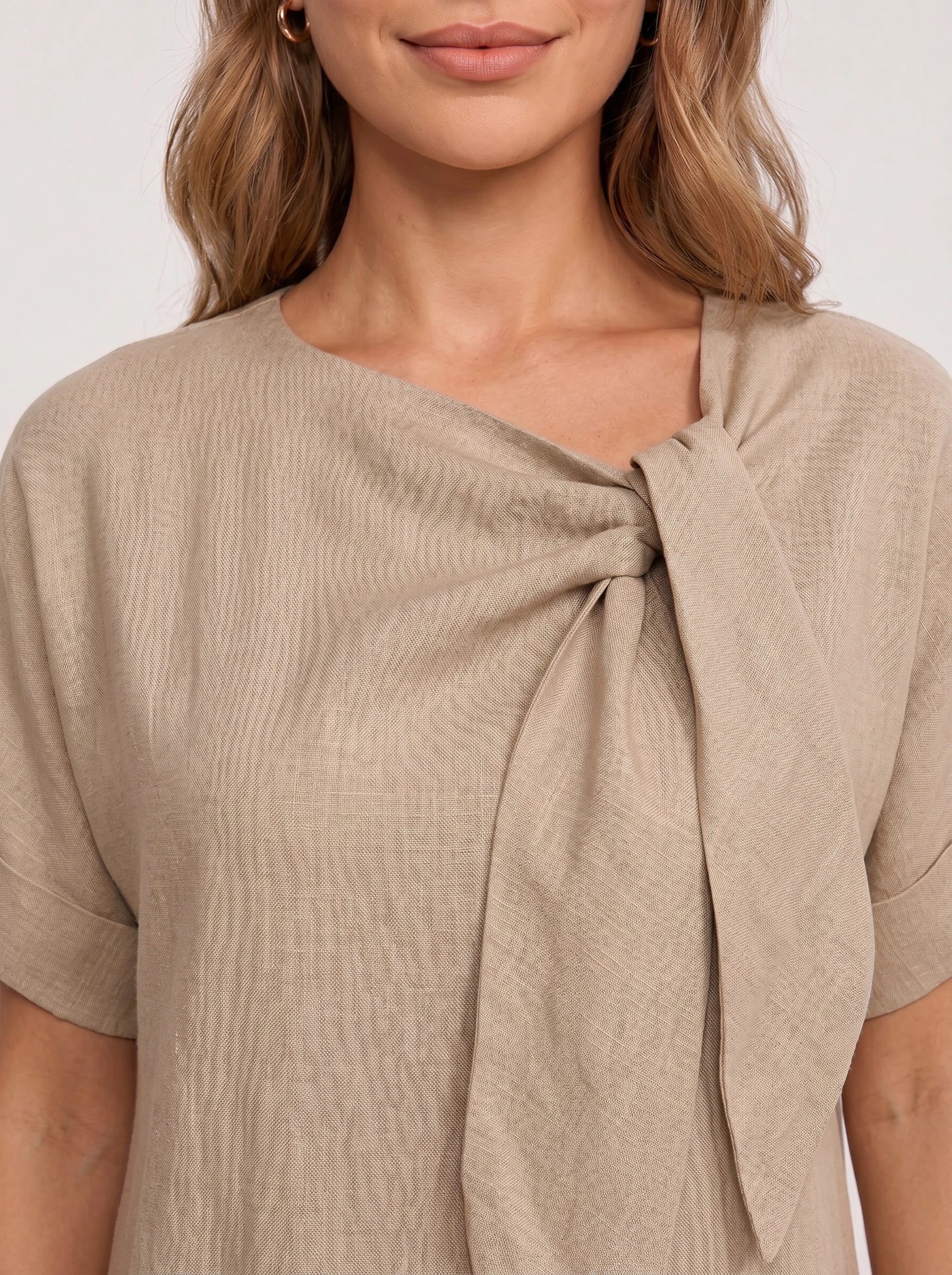 Linavie Tie-Neck Linen Midi Dress – Women Casual Summer Relaxed Fit Short Sleeve Pocket Midi Dress