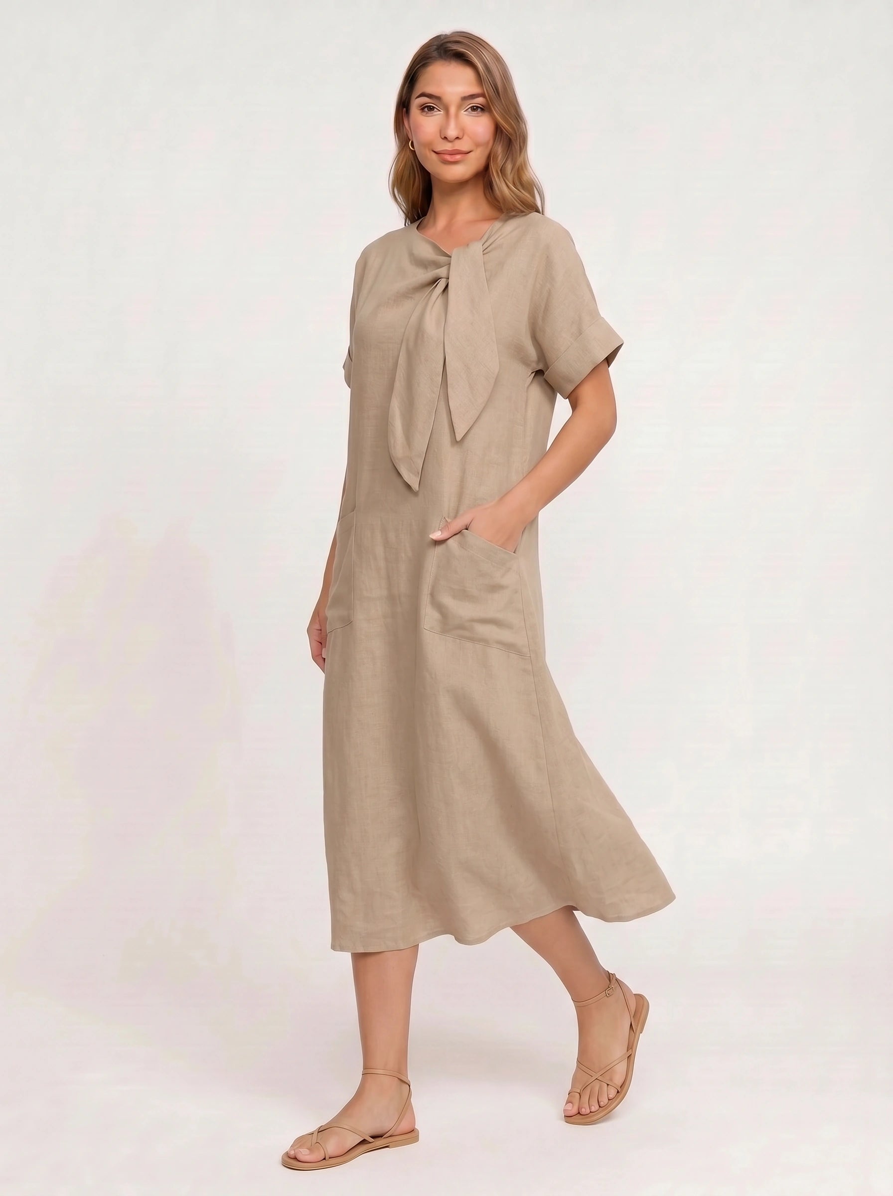 Linavie Tie-Neck Linen Midi Dress – Women Casual Summer Relaxed Fit Short Sleeve Pocket Midi Dress