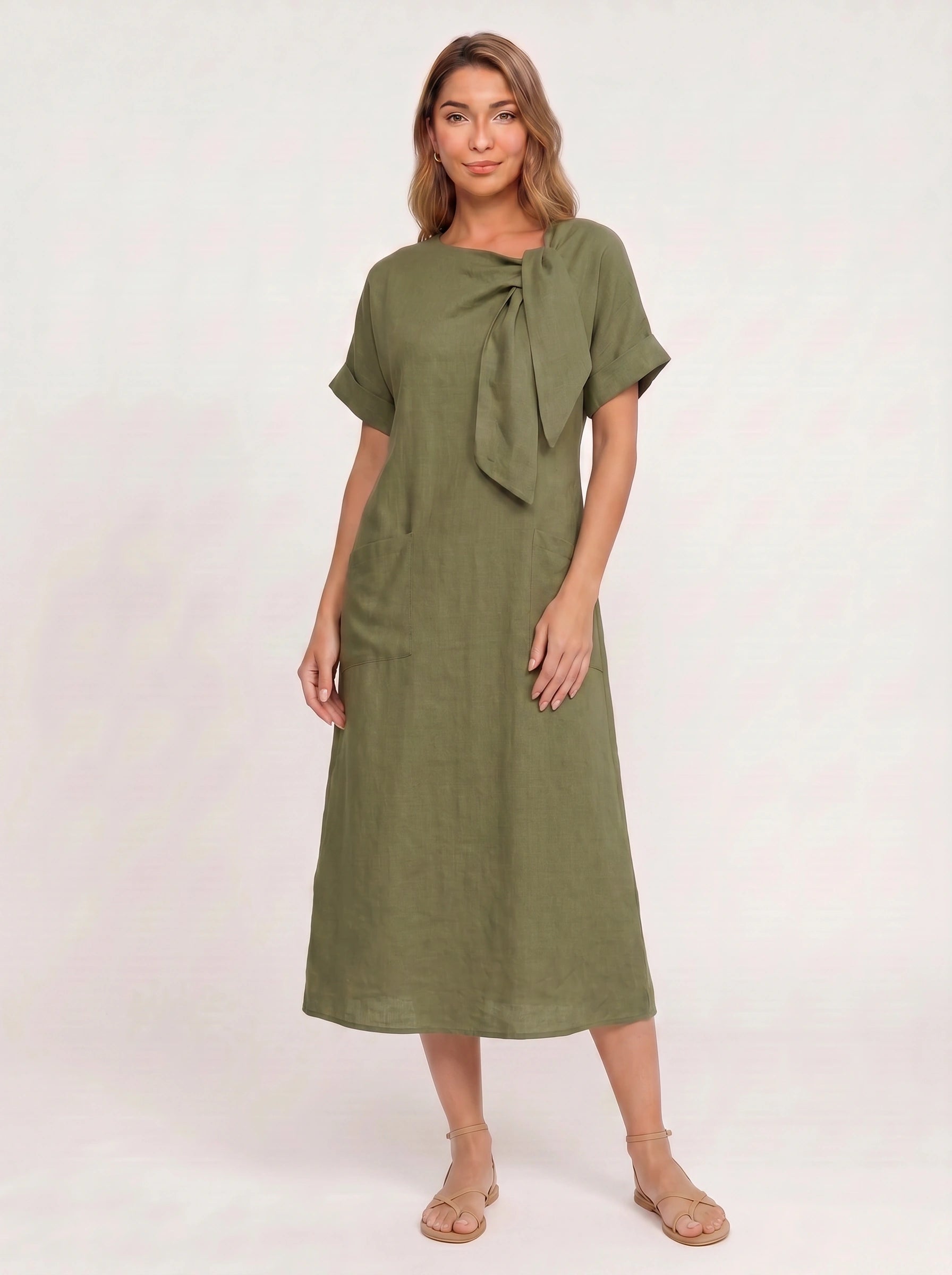 Linavie Tie-Neck Linen Midi Dress – Women Casual Summer Relaxed Fit Short Sleeve Pocket Midi Dress