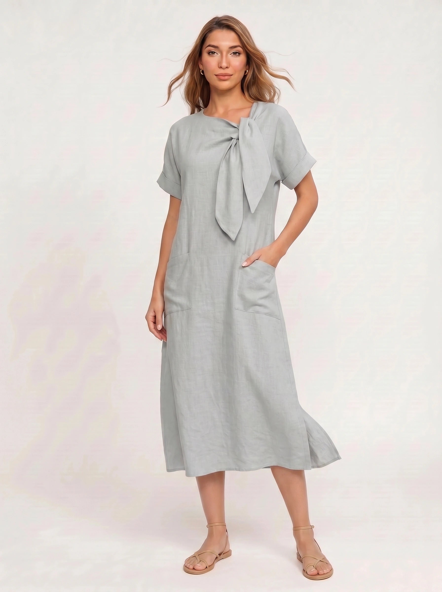 Linavie Tie-Neck Linen Midi Dress – Women Casual Summer Relaxed Fit Short Sleeve Pocket Midi Dress