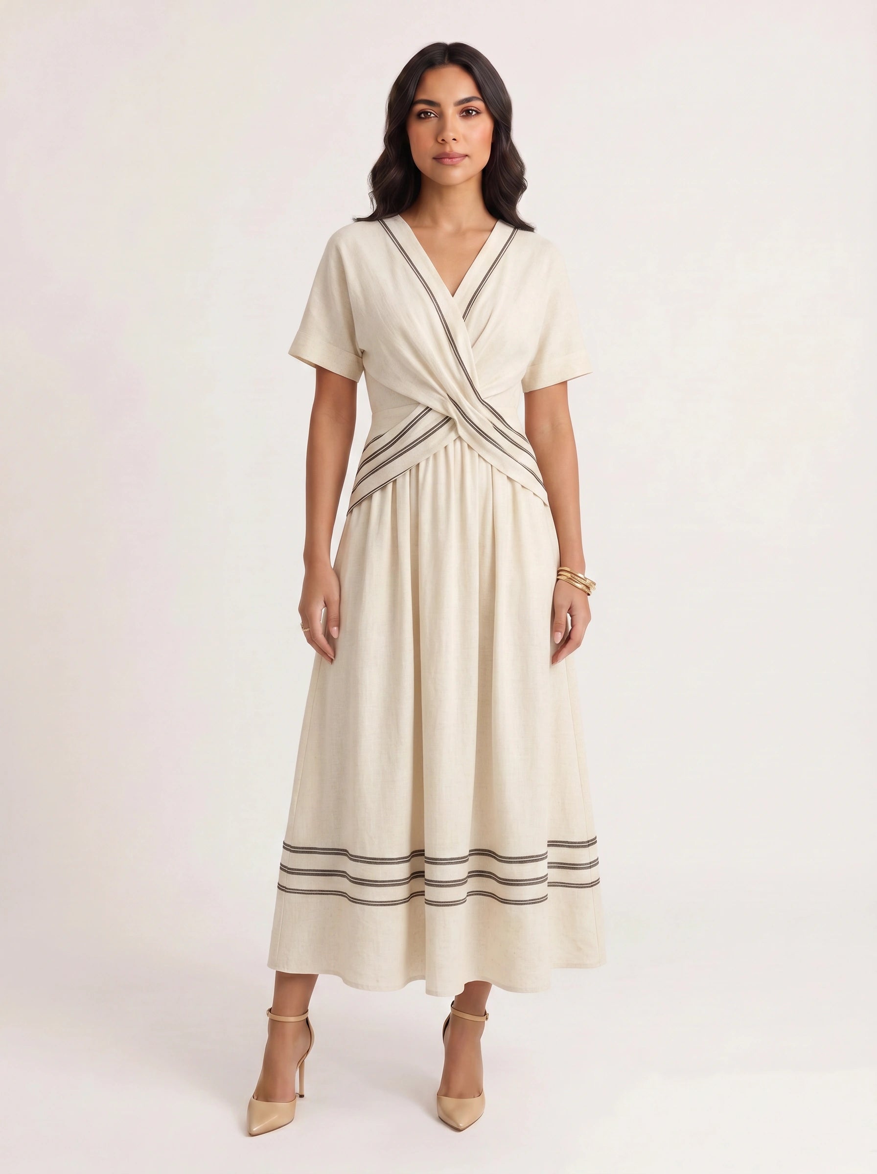 Bordura Wrap V-Neck Maxi Dress – Striped Cotton Linen Women Summer Resort Wedding Guest Casual Flowy Maxi Dress