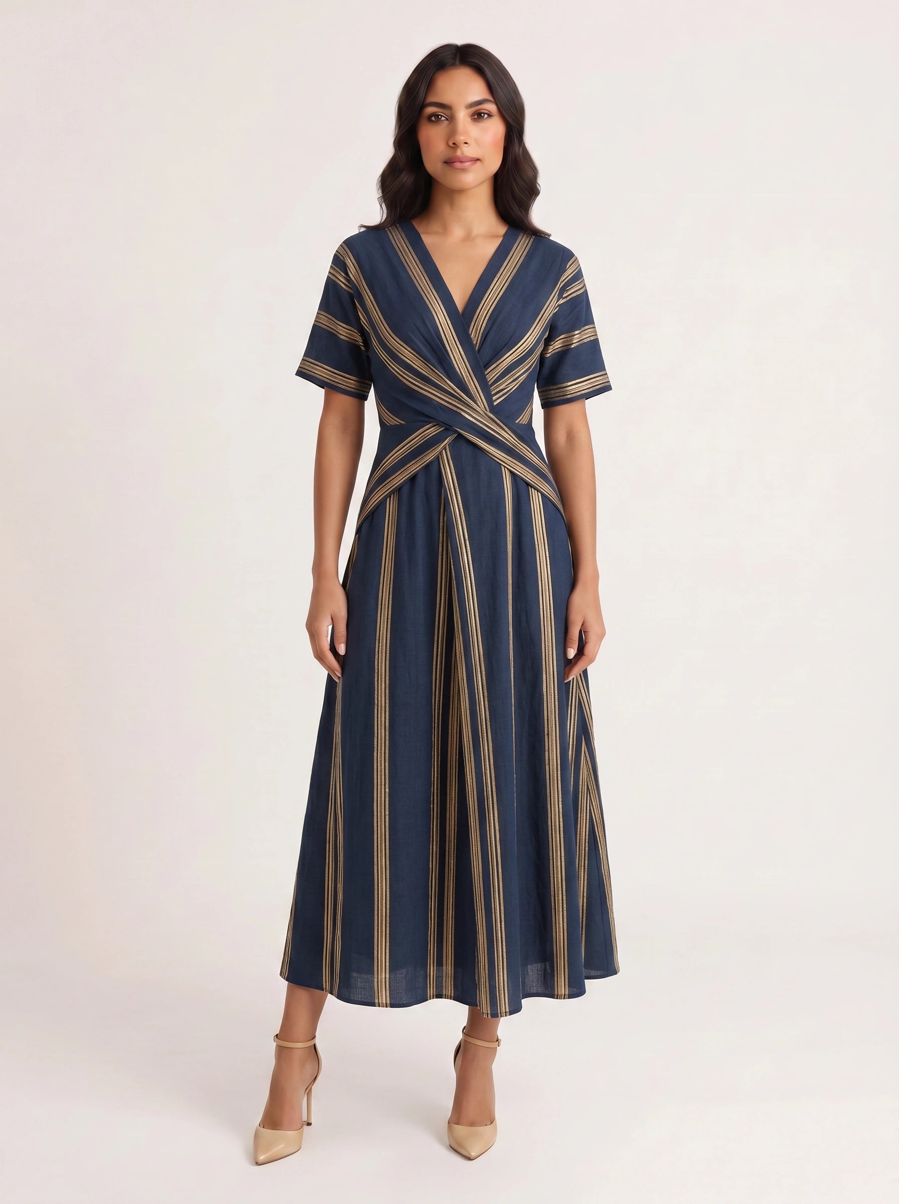 Bordura Wrap V-Neck Maxi Dress – Striped Cotton Linen Women Summer Resort Wedding Guest Casual Flowy Maxi Dress