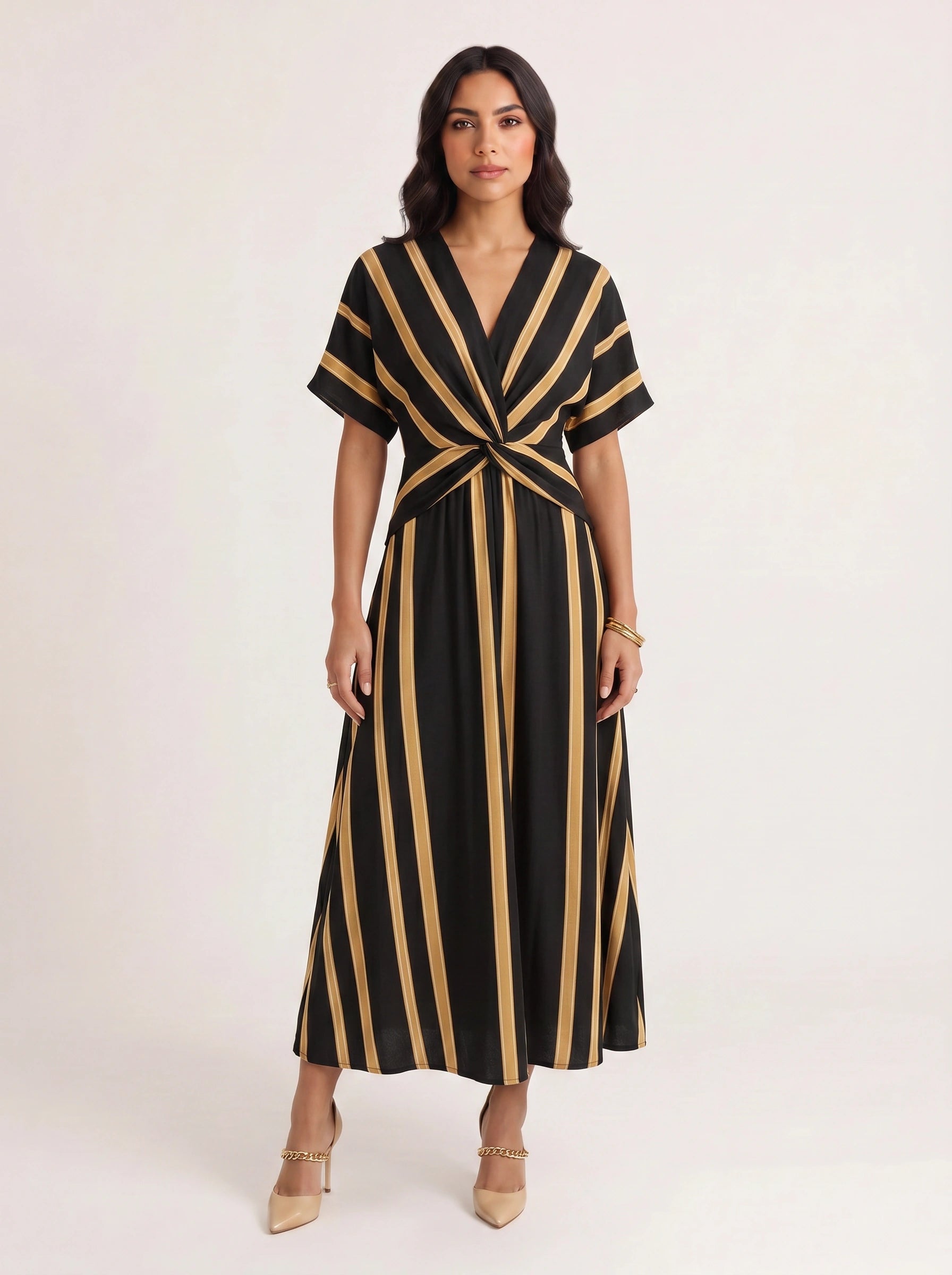 Bordura Wrap V-Neck Maxi Dress – Striped Cotton Linen Women Summer Resort Wedding Guest Casual Flowy Maxi Dress