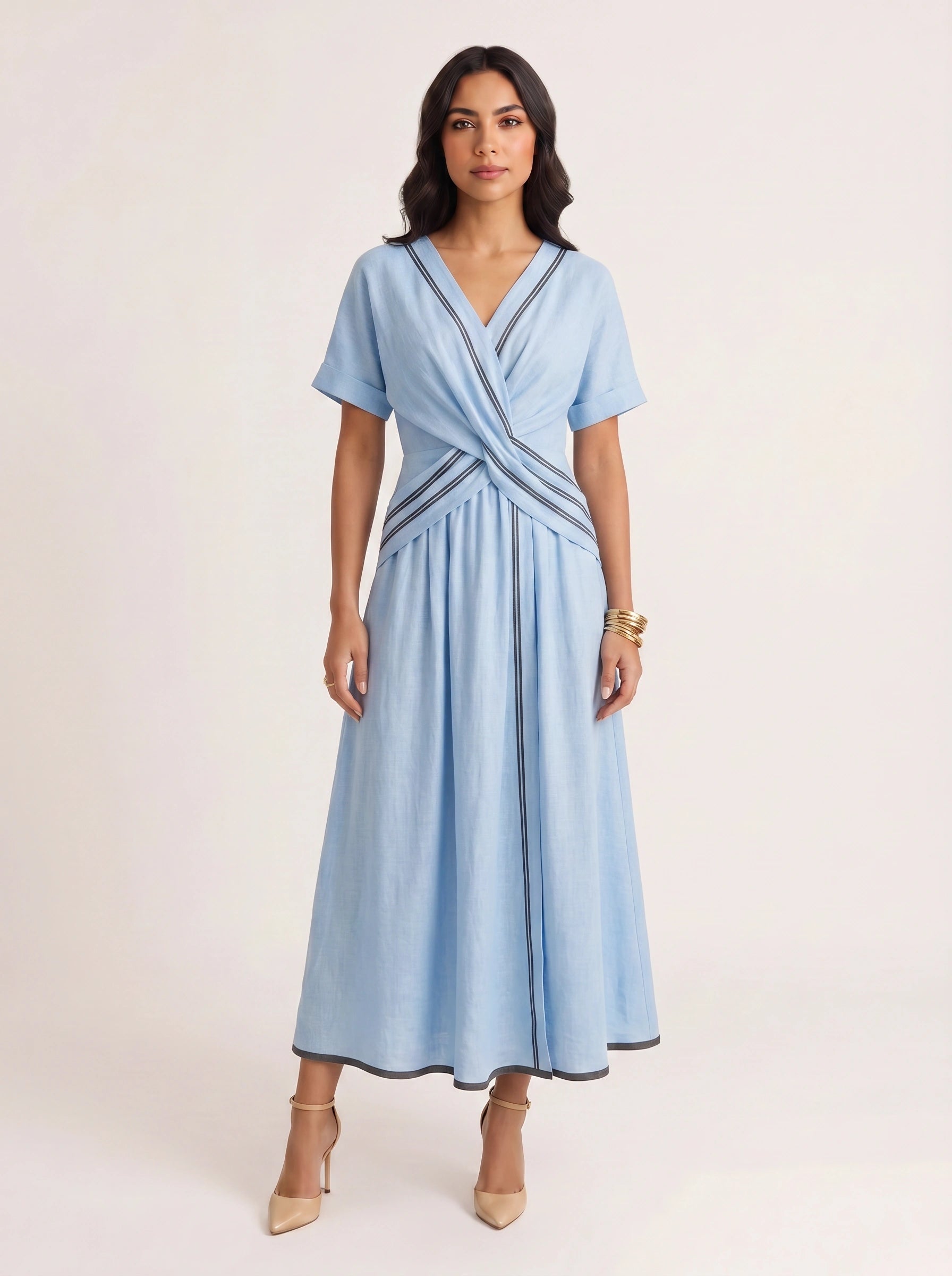 Bordura Wrap V-Neck Maxi Dress – Striped Cotton Linen Women Summer Resort Wedding Guest Casual Flowy Maxi Dress