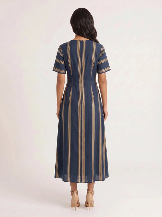 Bordura Wrap V-Neck Maxi Dress – Striped Cotton Linen Women Summer Resort Wedding Guest Casual Flowy Maxi Dress