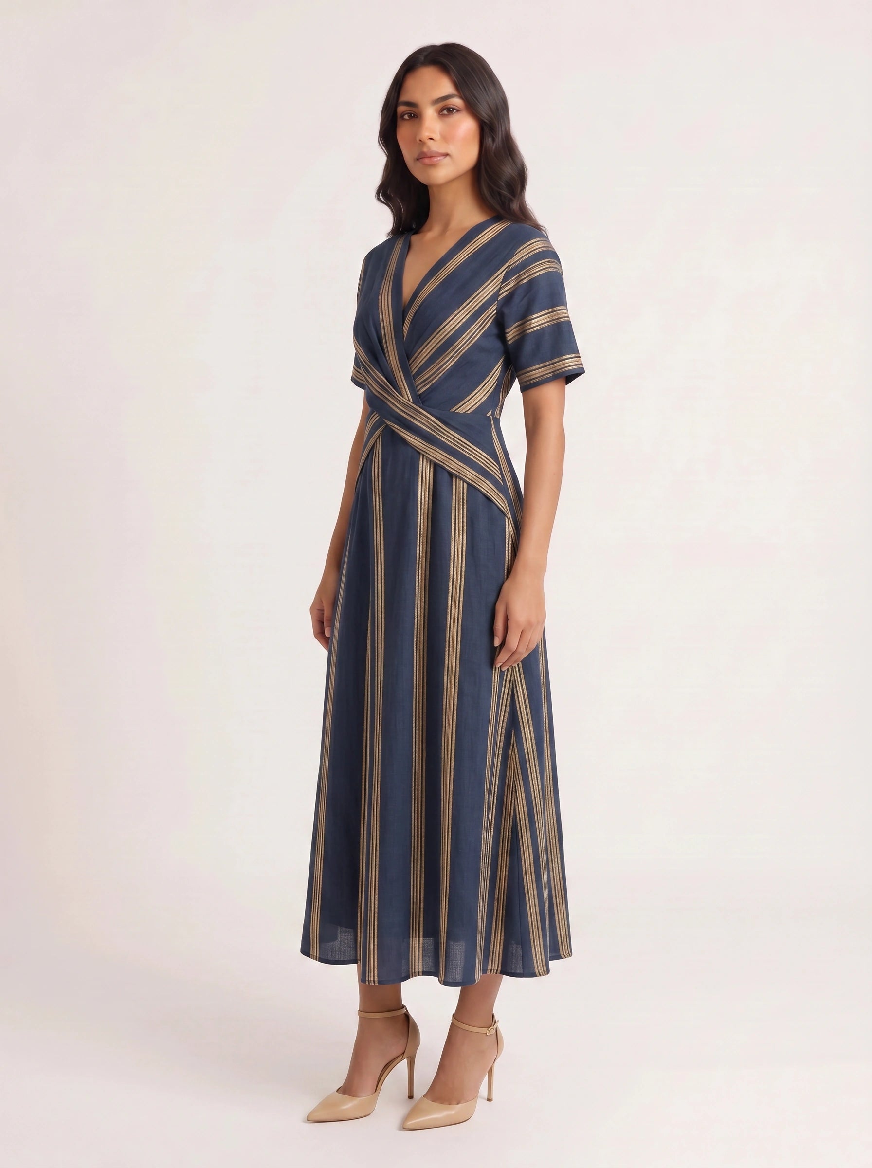 Bordura Wrap V-Neck Maxi Dress – Striped Cotton Linen Women Summer Resort Wedding Guest Casual Flowy Maxi Dress