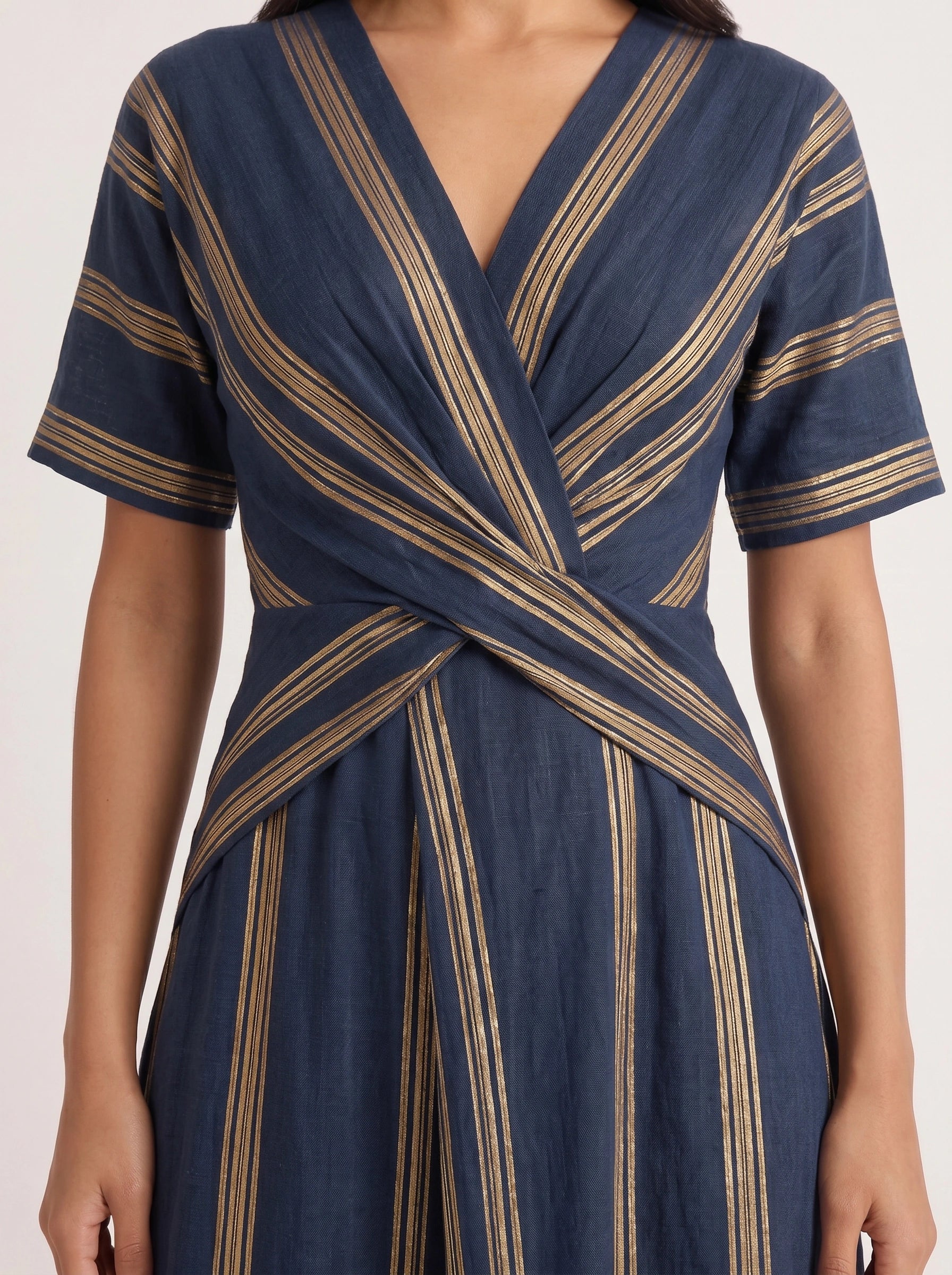 Bordura Wrap V-Neck Maxi Dress – Striped Cotton Linen Women Summer Resort Wedding Guest Casual Flowy Maxi Dress