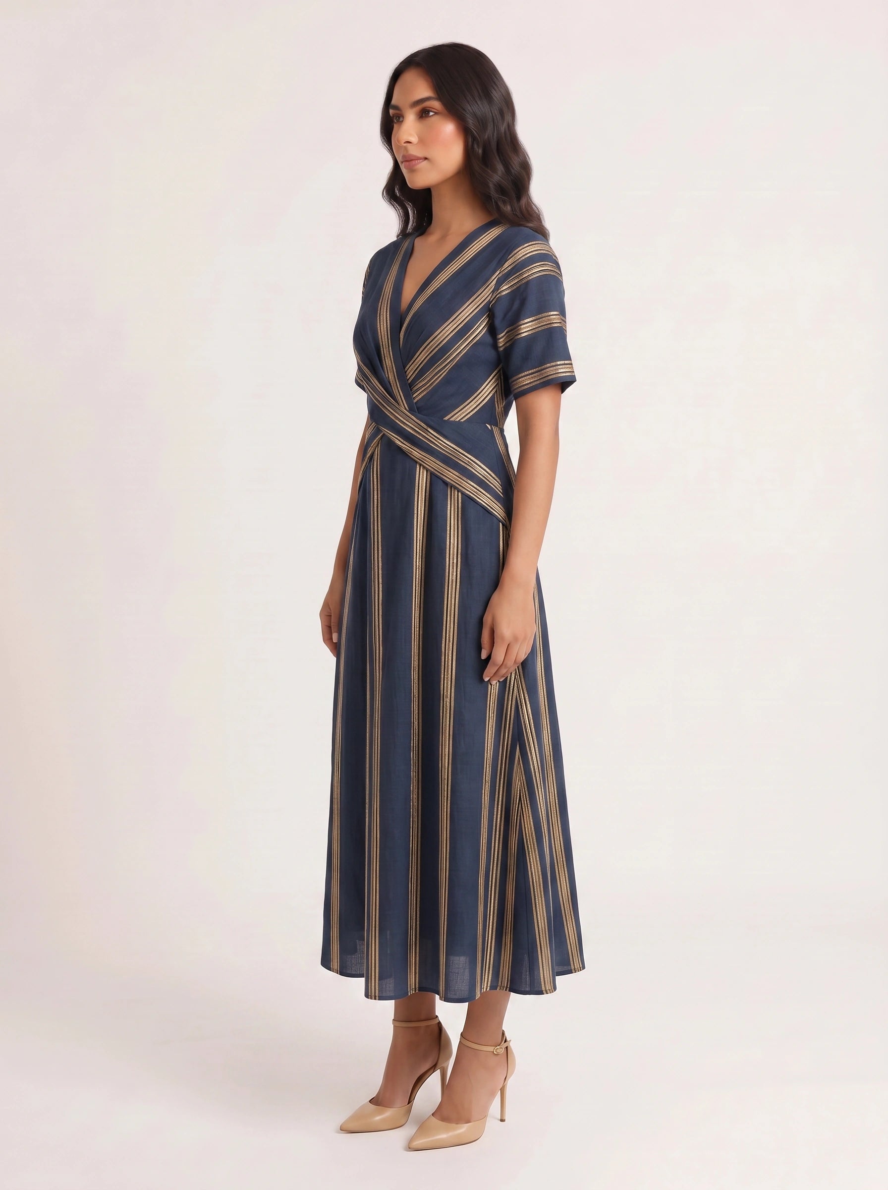 Bordura Wrap V-Neck Maxi Dress – Striped Cotton Linen Women Summer Resort Wedding Guest Casual Flowy Maxi Dress