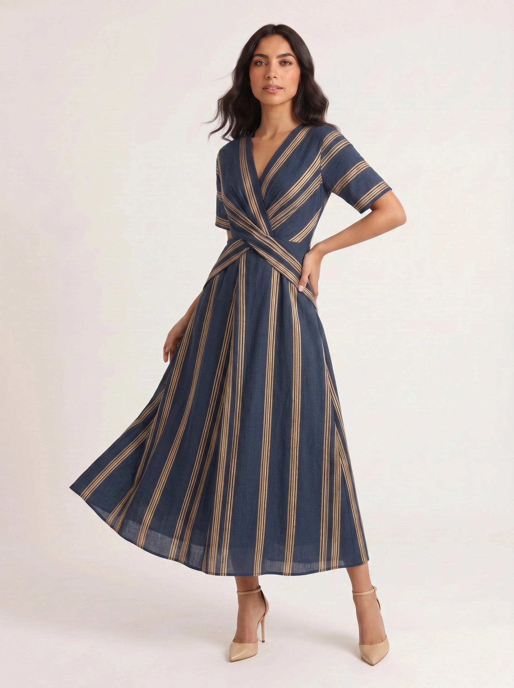 Bordura Wrap V-Neck Maxi Dress – Striped Cotton Linen Women Summer Resort Wedding Guest Casual Flowy Maxi Dress