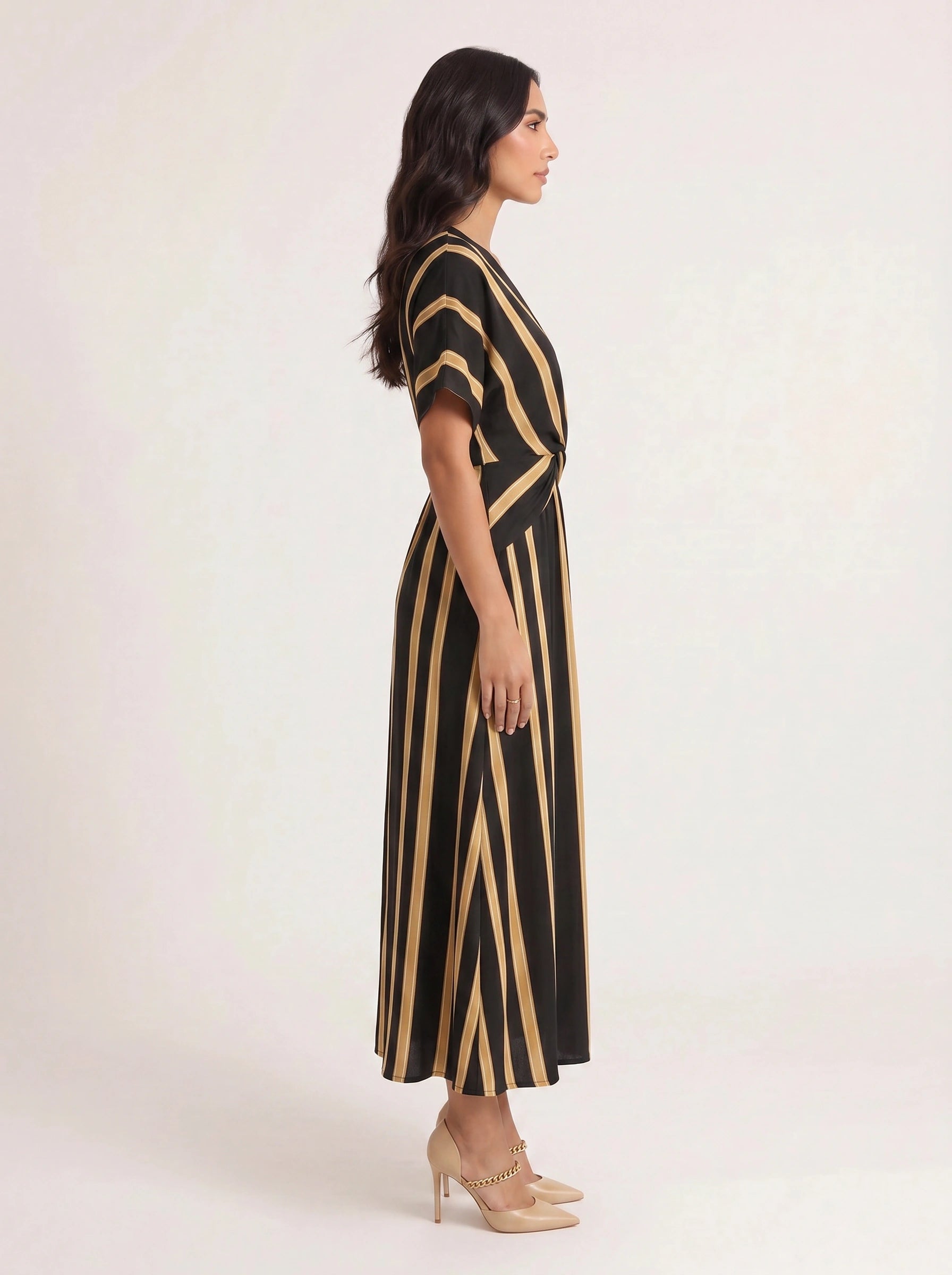 Bordura Wrap V-Neck Maxi Dress – Striped Cotton Linen Women Summer Resort Wedding Guest Casual Flowy Maxi Dress