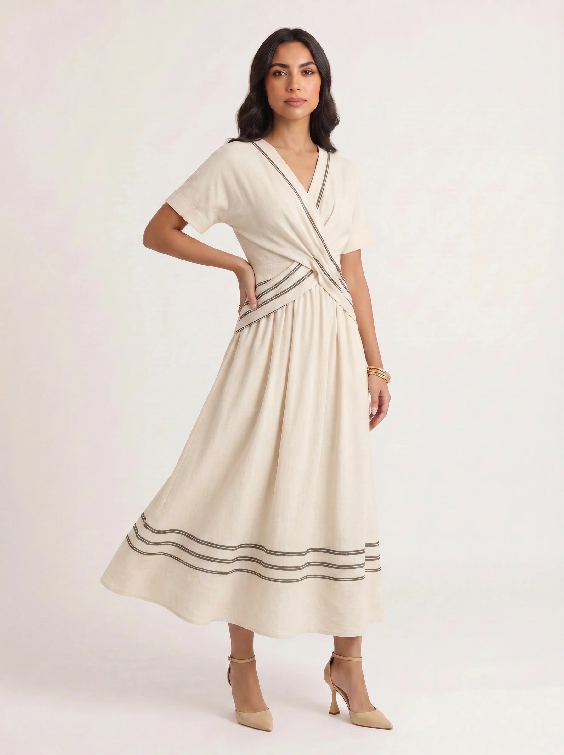 Bordura Wrap V-Neck Maxi Dress – Striped Cotton Linen Women Summer Resort Wedding Guest Casual Flowy Maxi Dress