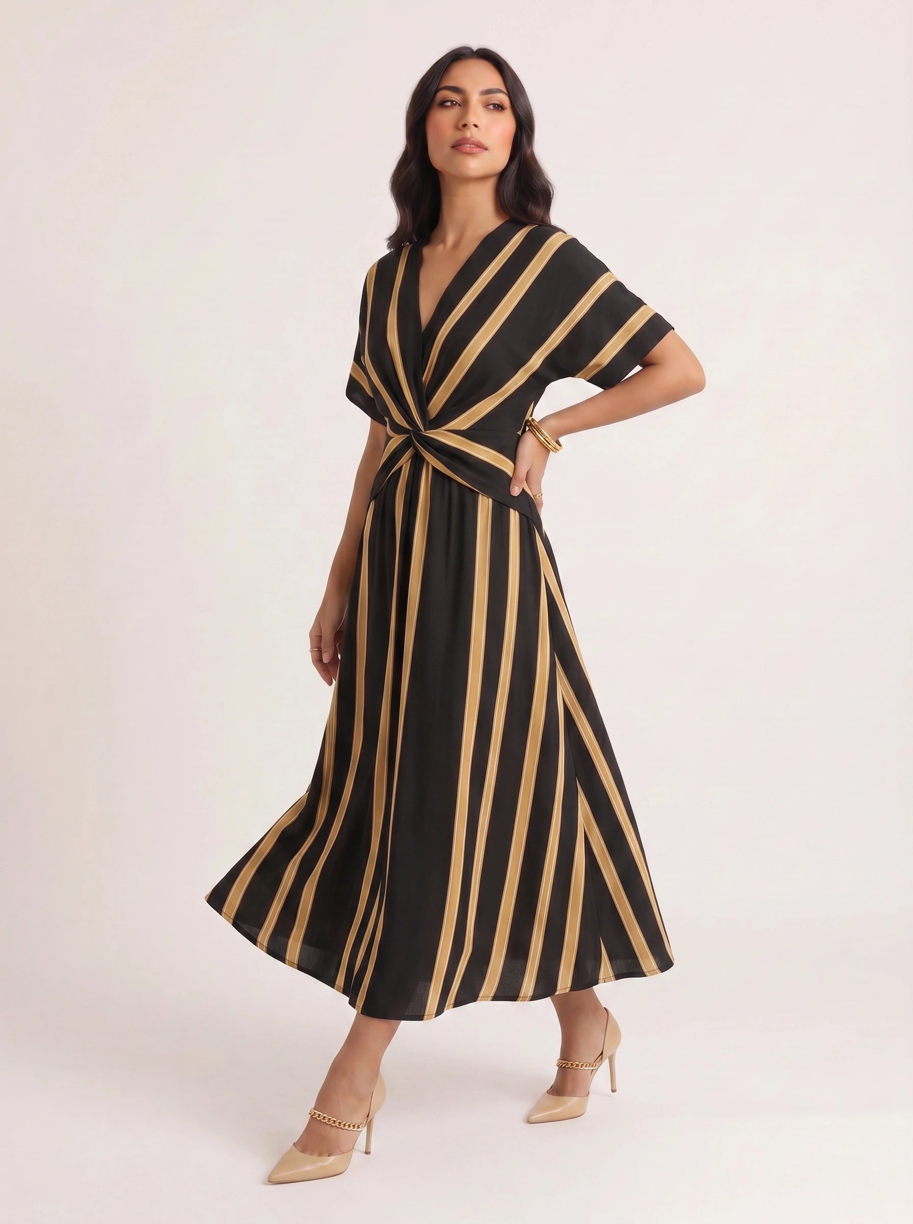 Bordura Wrap V-Neck Maxi Dress – Striped Cotton Linen Women Summer Resort Wedding Guest Casual Flowy Maxi Dress