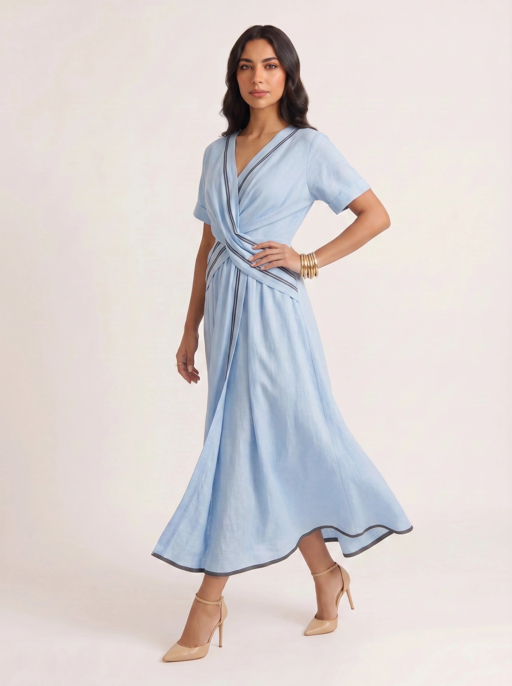 Bordura Wrap V-Neck Maxi Dress – Striped Cotton Linen Women Summer Resort Wedding Guest Casual Flowy Maxi Dress