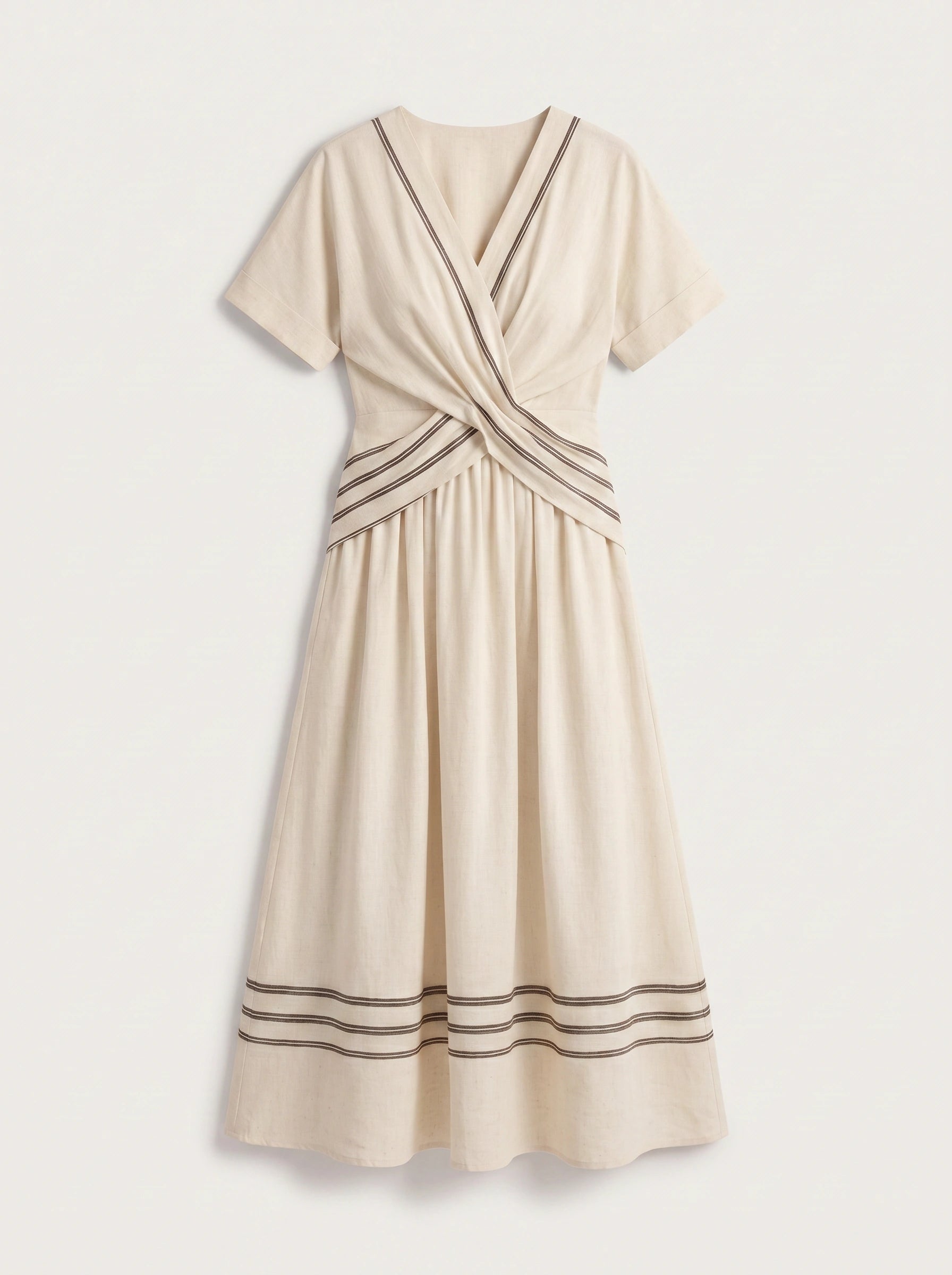 Bordura Wrap V-Neck Maxi Dress – Striped Cotton Linen Women Summer Resort Wedding Guest Casual Flowy Maxi Dress