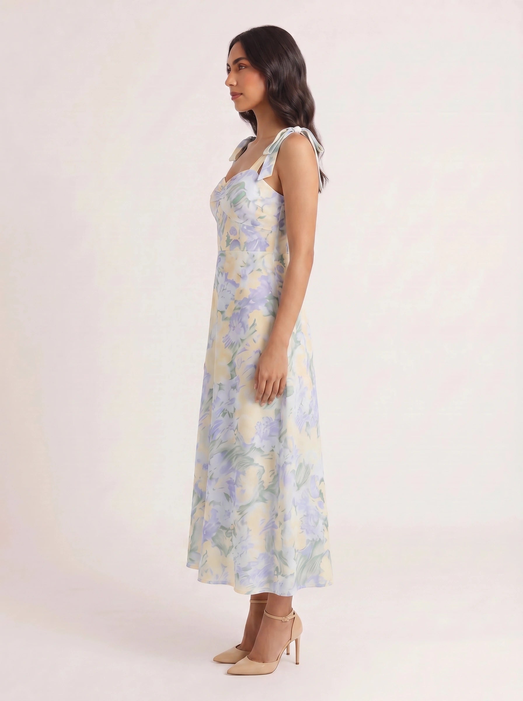 Petalique Tie-Strap Ruched Maxi Dress – Floral Sundress Women Formal Wedding Guest Garden Party Maxi Dress