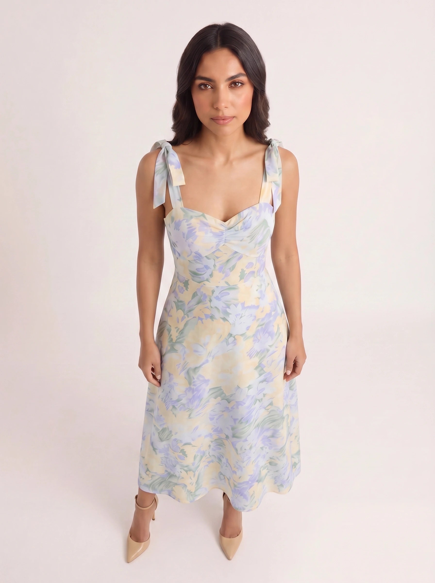 Petalique Tie-Strap Ruched Maxi Dress – Floral Sundress Women Formal Wedding Guest Garden Party Maxi Dress
