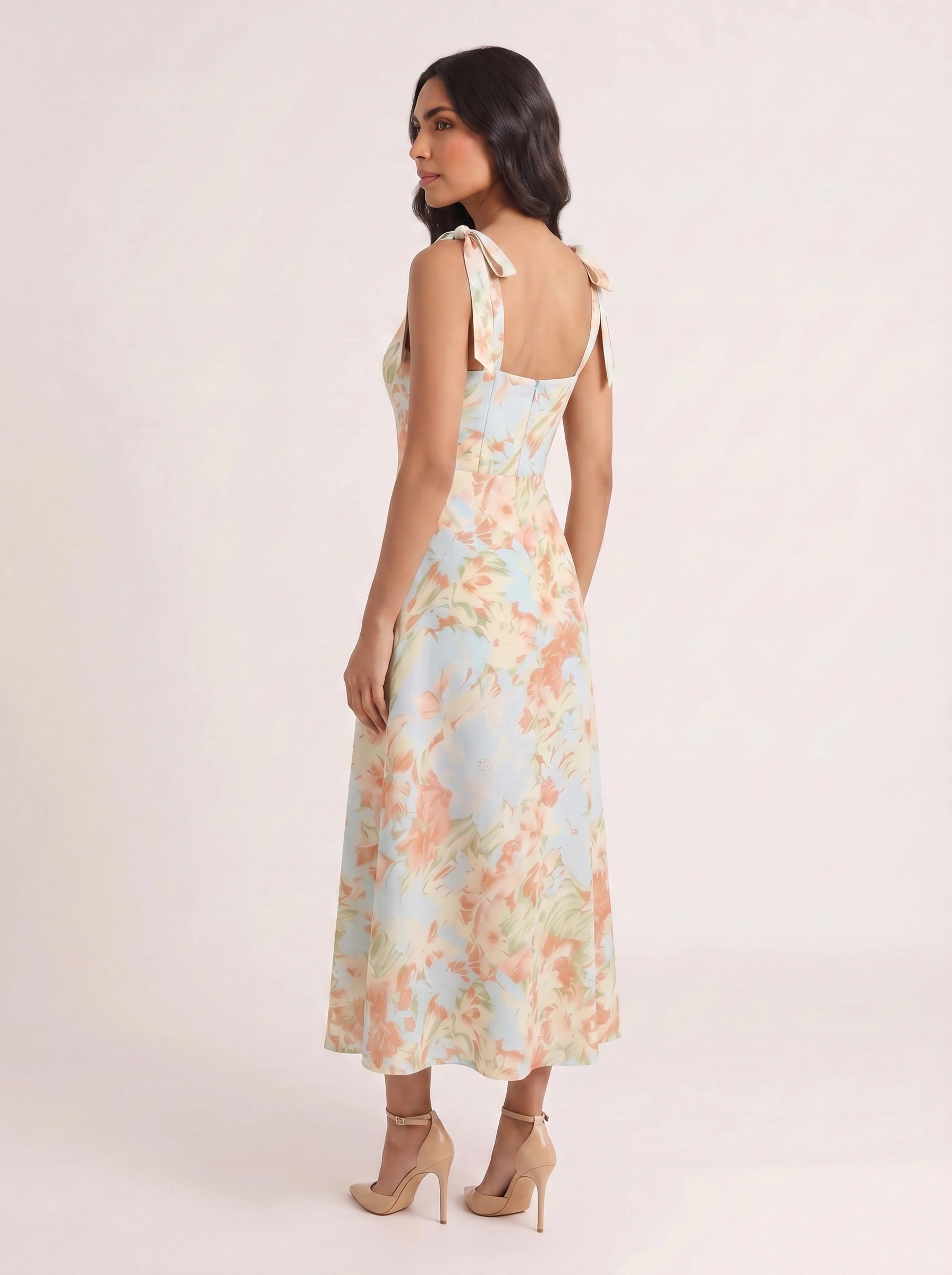 Petalique Tie-Strap Ruched Maxi Dress – Floral Sundress Women Formal Wedding Guest Garden Party Maxi Dress