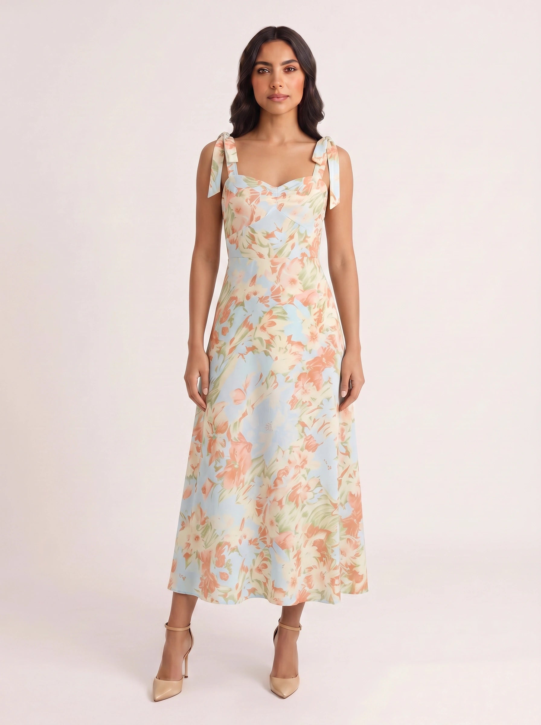 Petalique Tie-Strap Ruched Maxi Dress – Floral Sundress Women Formal Wedding Guest Garden Party Maxi Dress