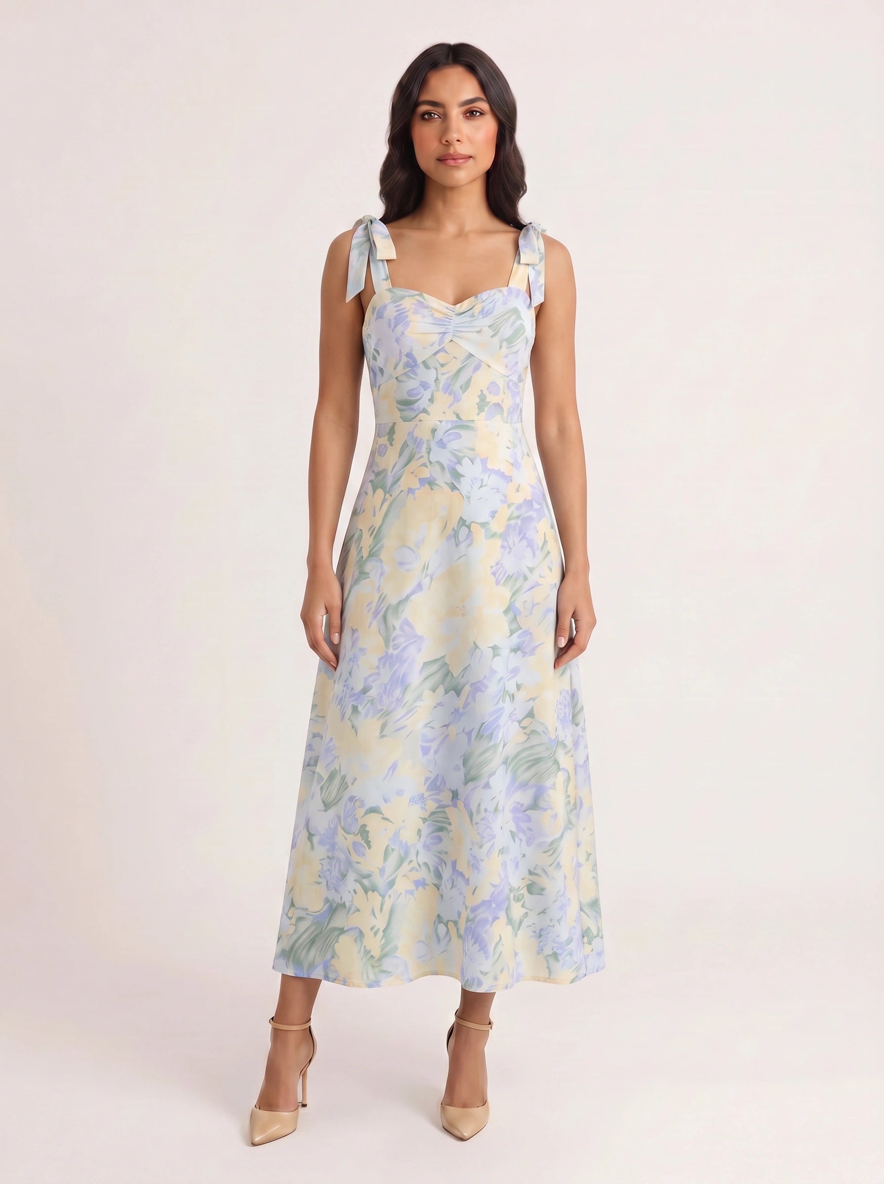 Petalique Tie-Strap Ruched Maxi Dress – Floral Sundress Women Formal Wedding Guest Garden Party Maxi Dress