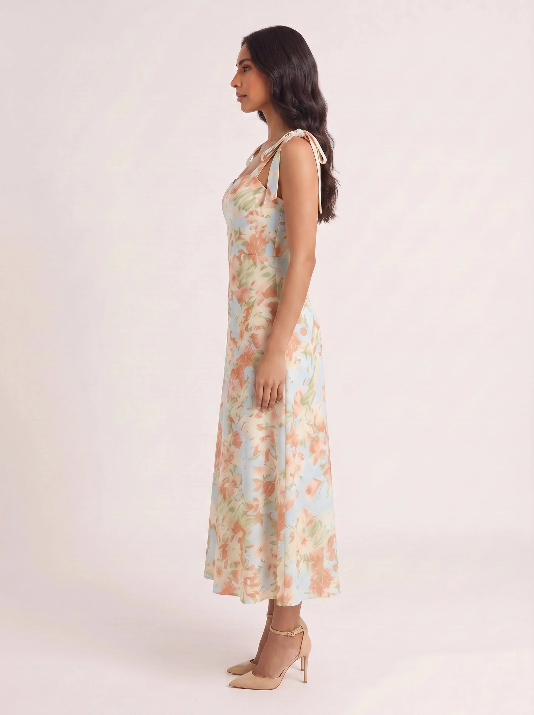 Petalique Tie-Strap Ruched Maxi Dress – Floral Sundress Women Formal Wedding Guest Garden Party Maxi Dress