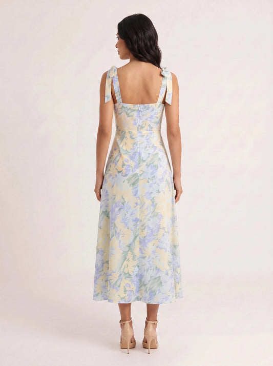Petalique Tie-Strap Ruched Maxi Dress – Floral Sundress Women Formal Wedding Guest Garden Party Maxi Dress