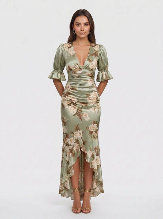 Satirose Ruched Floral Maxi Dress – Romantic Women Formal Wedding Guest Evening Party V-Neck Wrap Maxi Dress