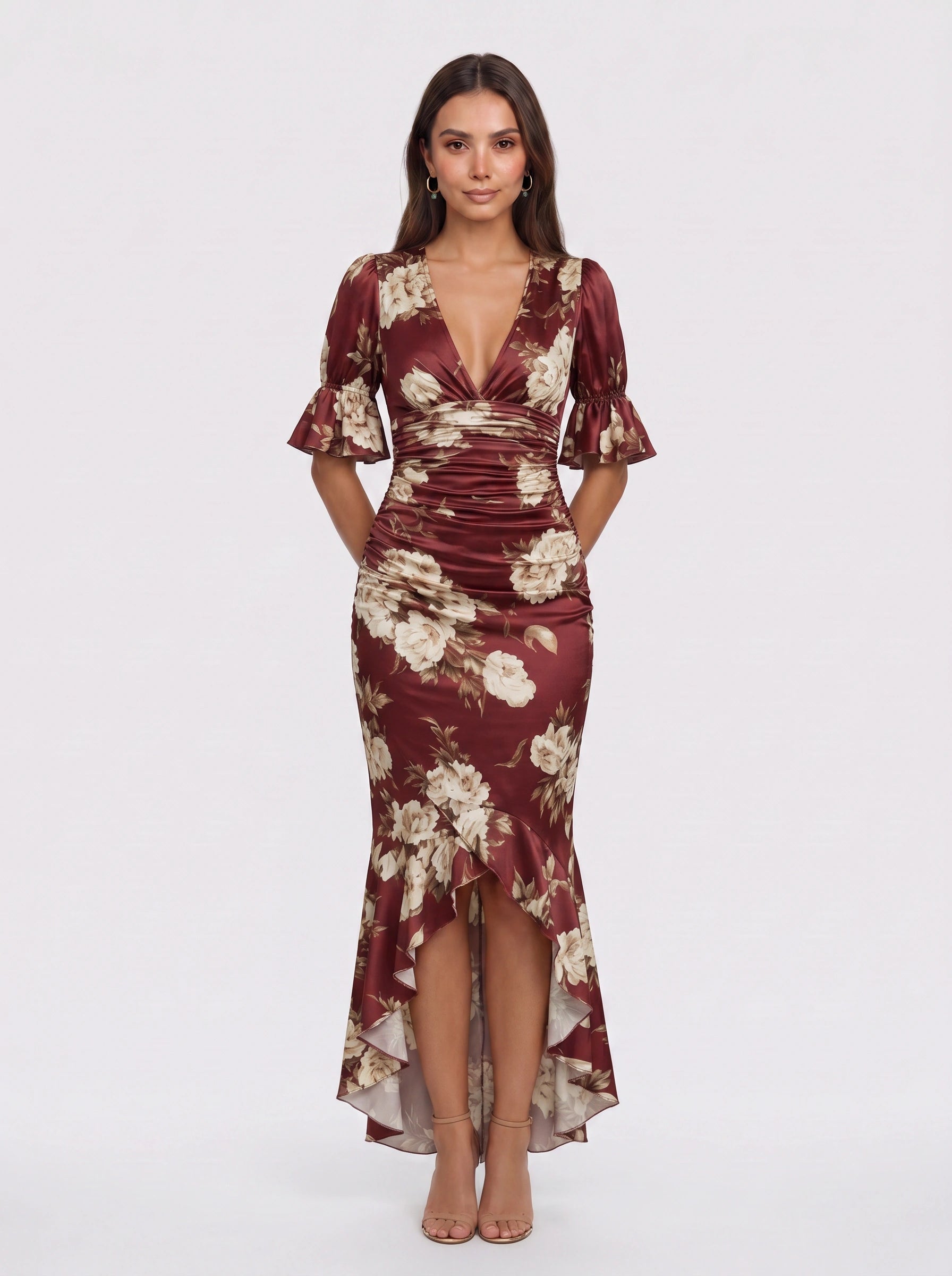 Satirose Ruched Floral Maxi Dress – Romantic Women Formal Wedding Guest Evening Party V-Neck Wrap Maxi Dress
