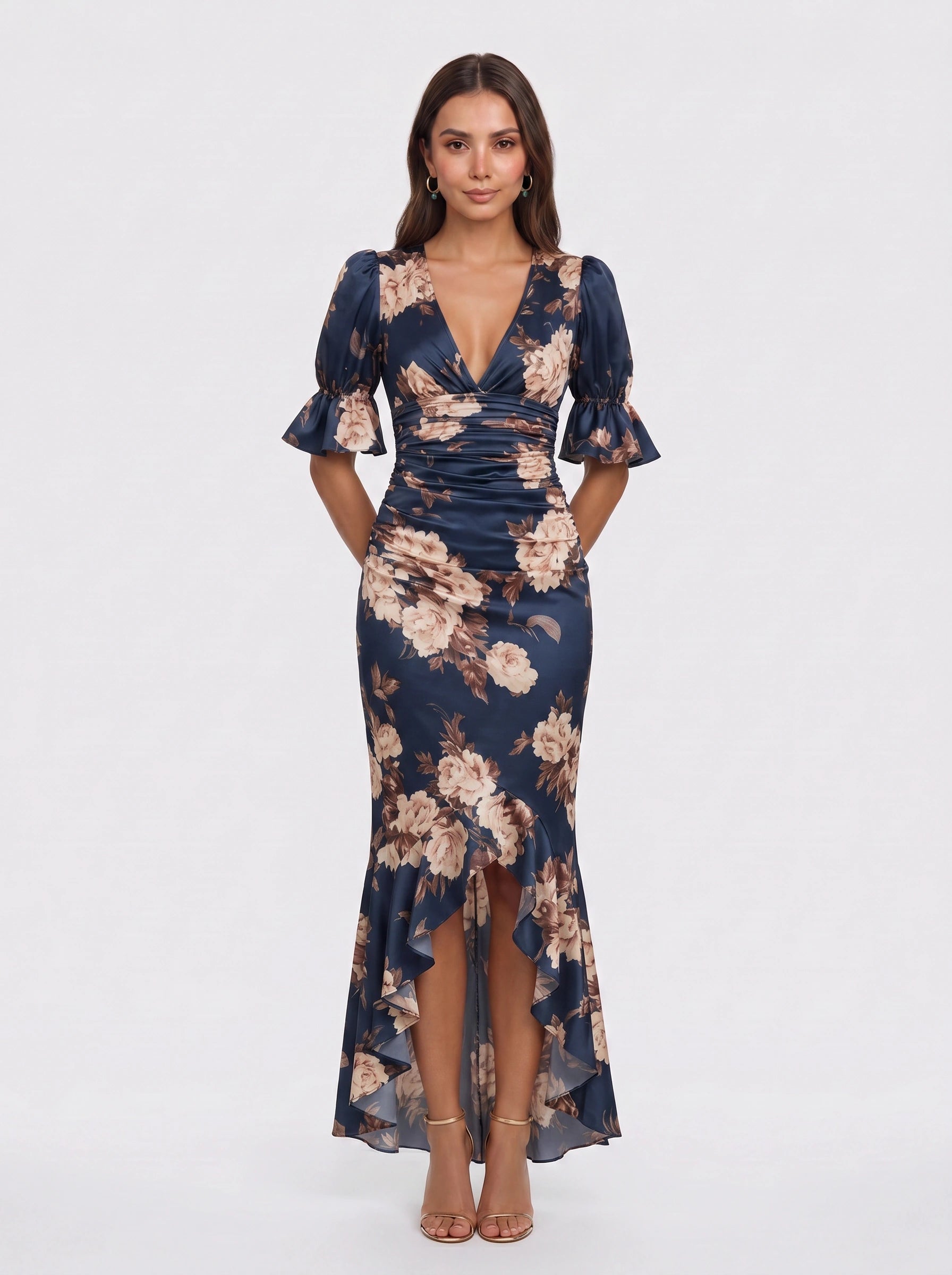 Satirose Ruched Floral Maxi Dress – Romantic Women Formal Wedding Guest Evening Party V-Neck Wrap Maxi Dress