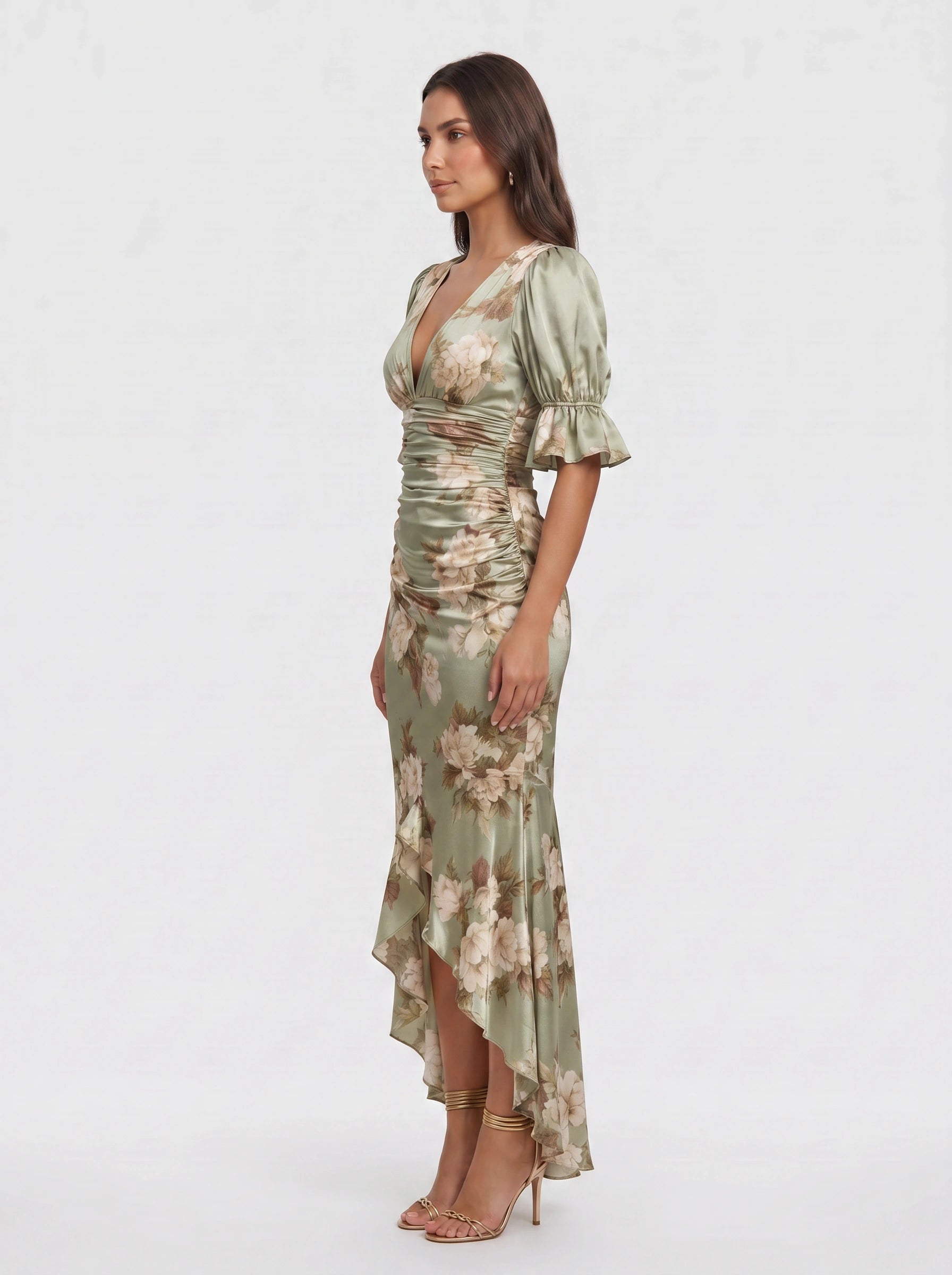 Satirose Ruched Floral Maxi Dress – Romantic Women Formal Wedding Guest Evening Party V-Neck Wrap Maxi Dress