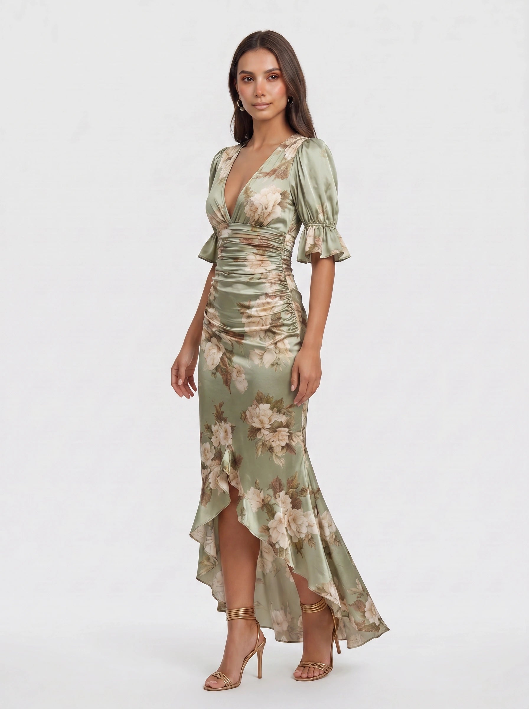 Satirose Ruched Floral Maxi Dress – Romantic Women Formal Wedding Guest Evening Party V-Neck Wrap Maxi Dress
