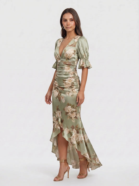 Satirose Ruched Floral Maxi Dress – Romantic Women Formal Wedding Guest Evening Party V-Neck Wrap Maxi Dress