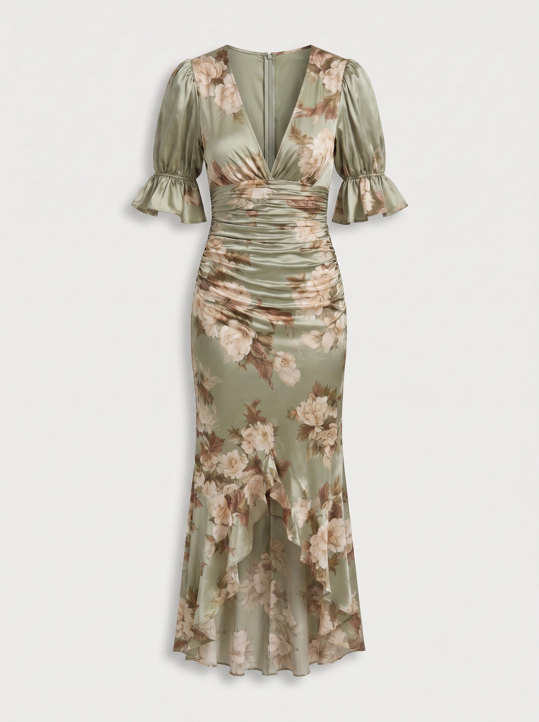Satirose Ruched Floral Maxi Dress – Romantic Women Formal Wedding Guest Evening Party V-Neck Wrap Maxi Dress