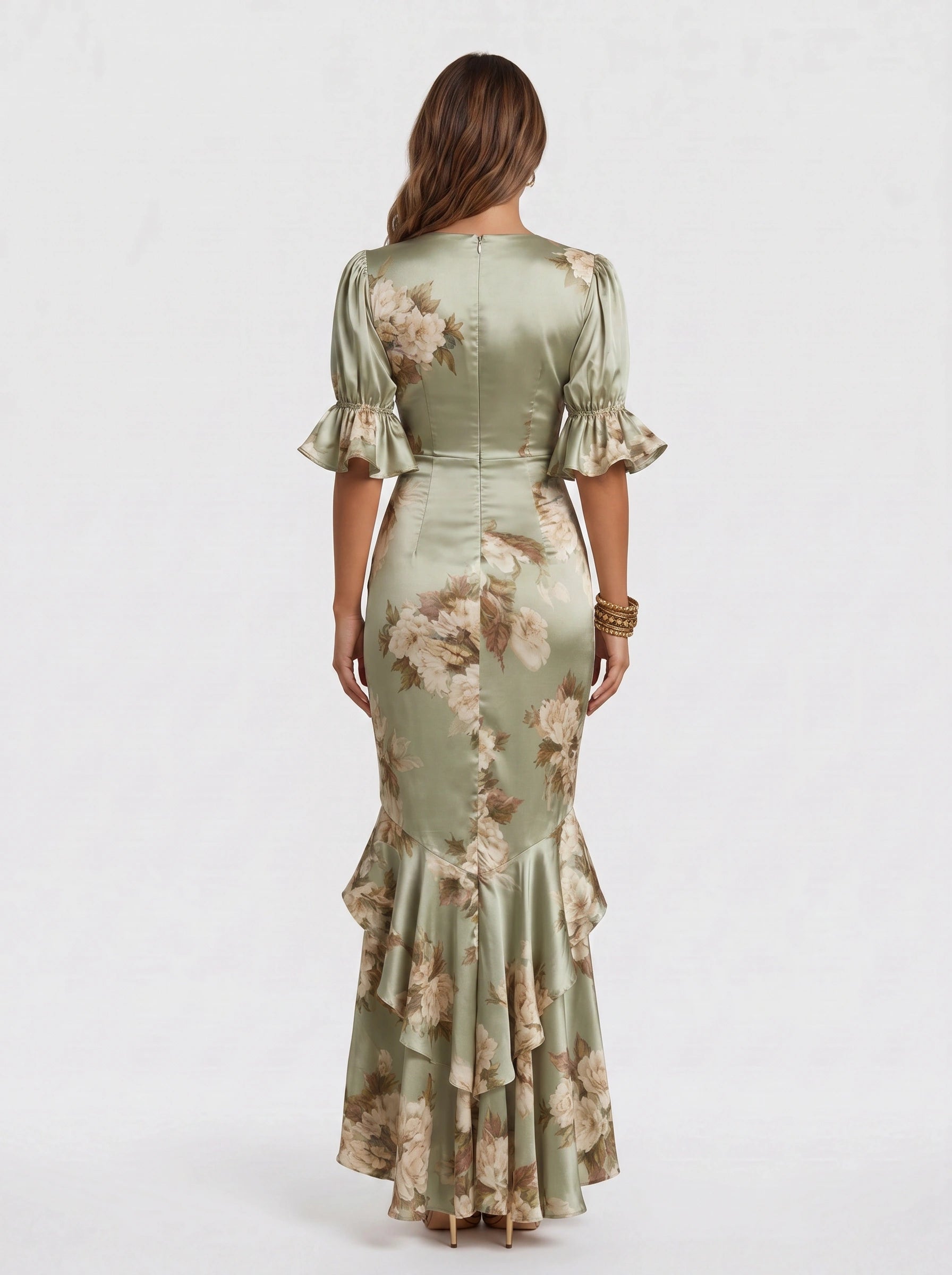 Satirose Ruched Floral Maxi Dress – Romantic Women Formal Wedding Guest Evening Party V-Neck Wrap Maxi Dress