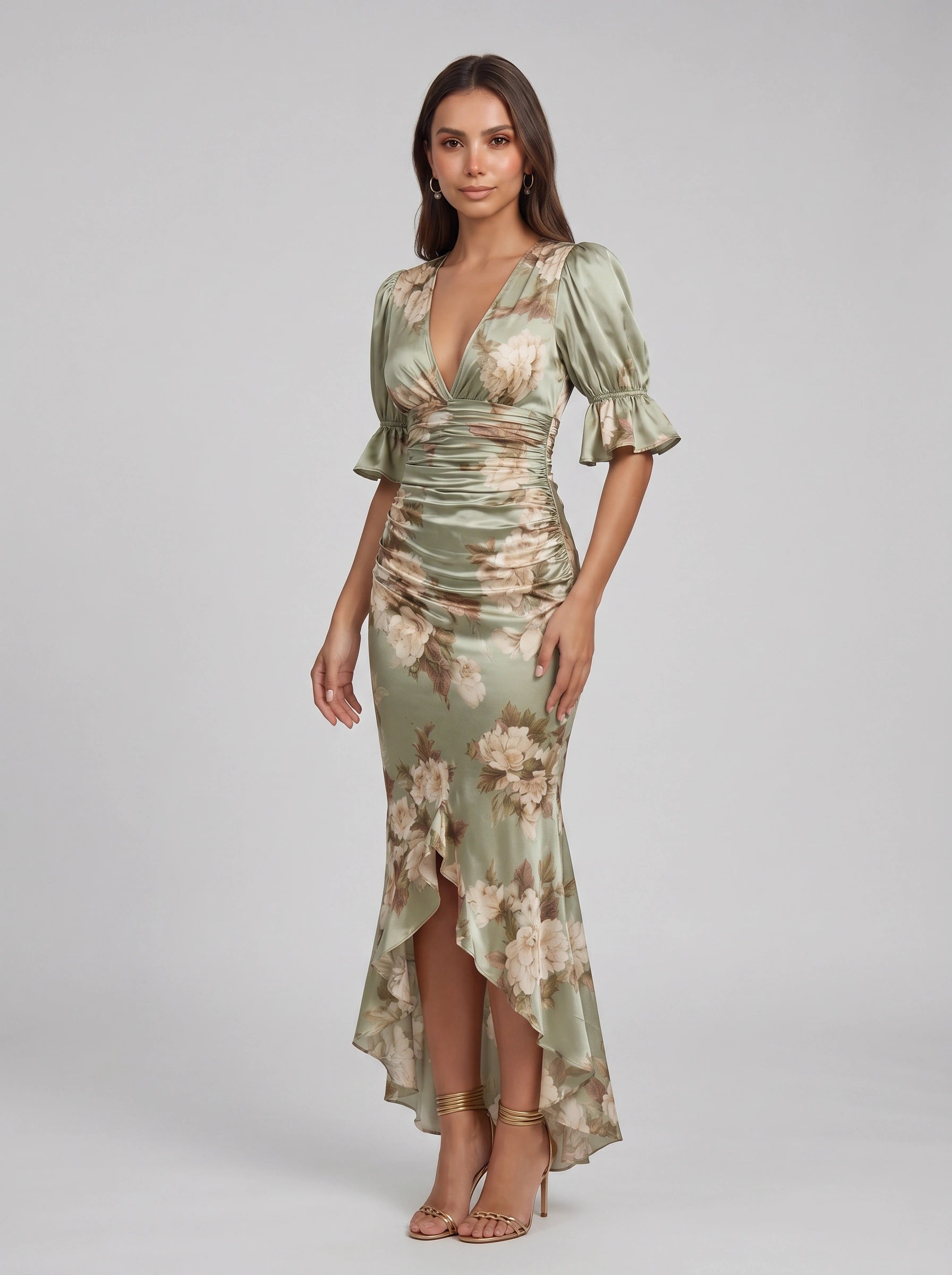 Satirose Ruched Floral Maxi Dress – Romantic Women Formal Wedding Guest Evening Party V-Neck Wrap Maxi Dress