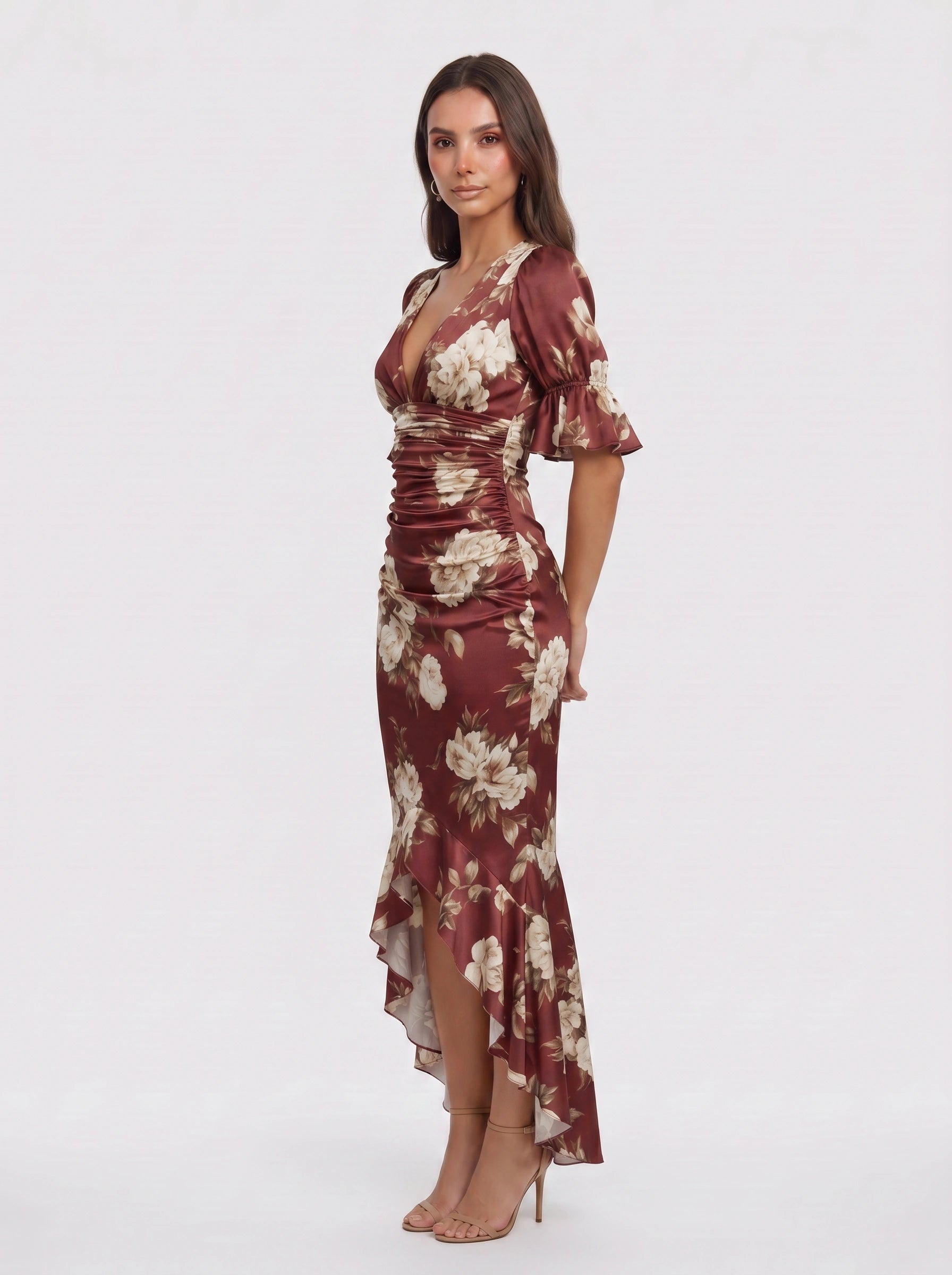 Satirose Ruched Floral Maxi Dress – Romantic Women Formal Wedding Guest Evening Party V-Neck Wrap Maxi Dress