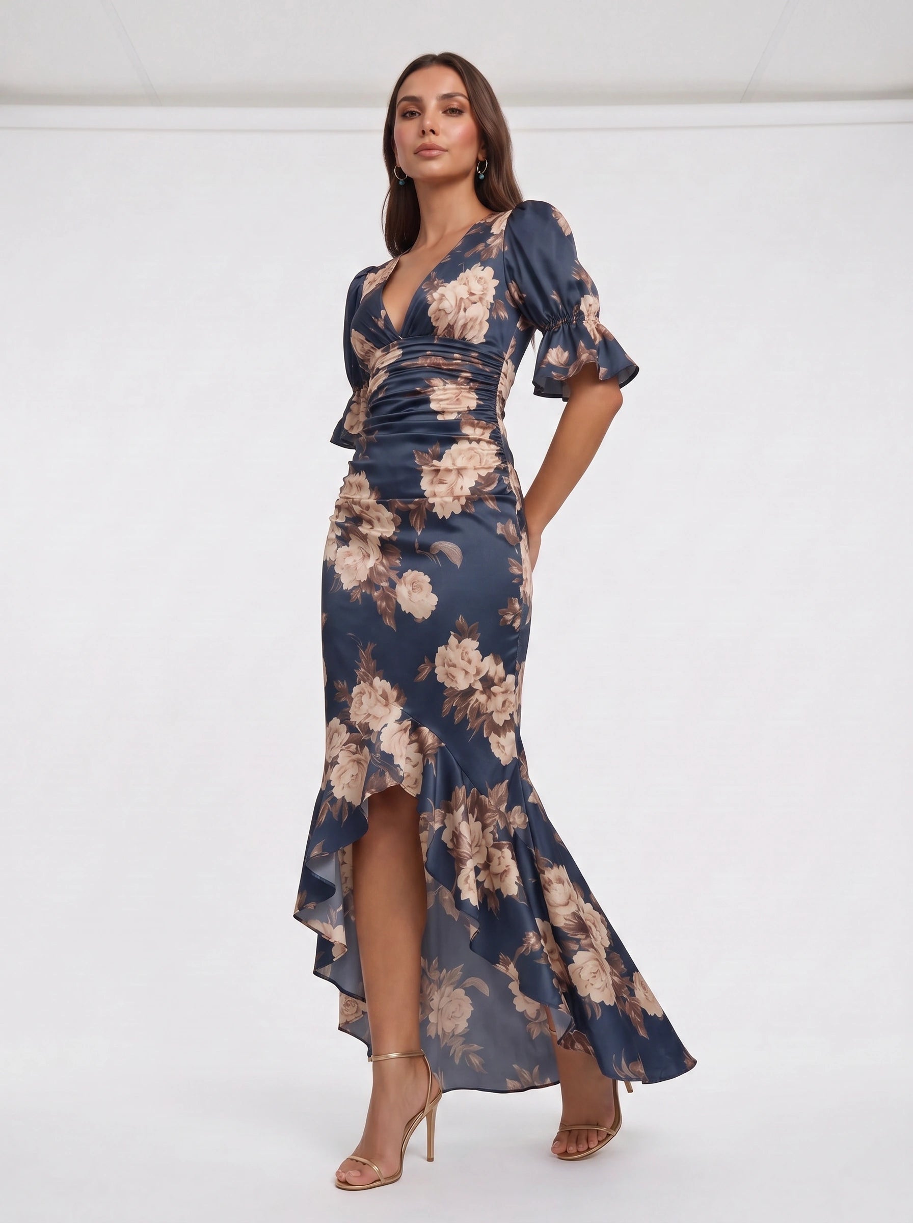 Satirose Ruched Floral Maxi Dress – Romantic Women Formal Wedding Guest Evening Party V-Neck Wrap Maxi Dress