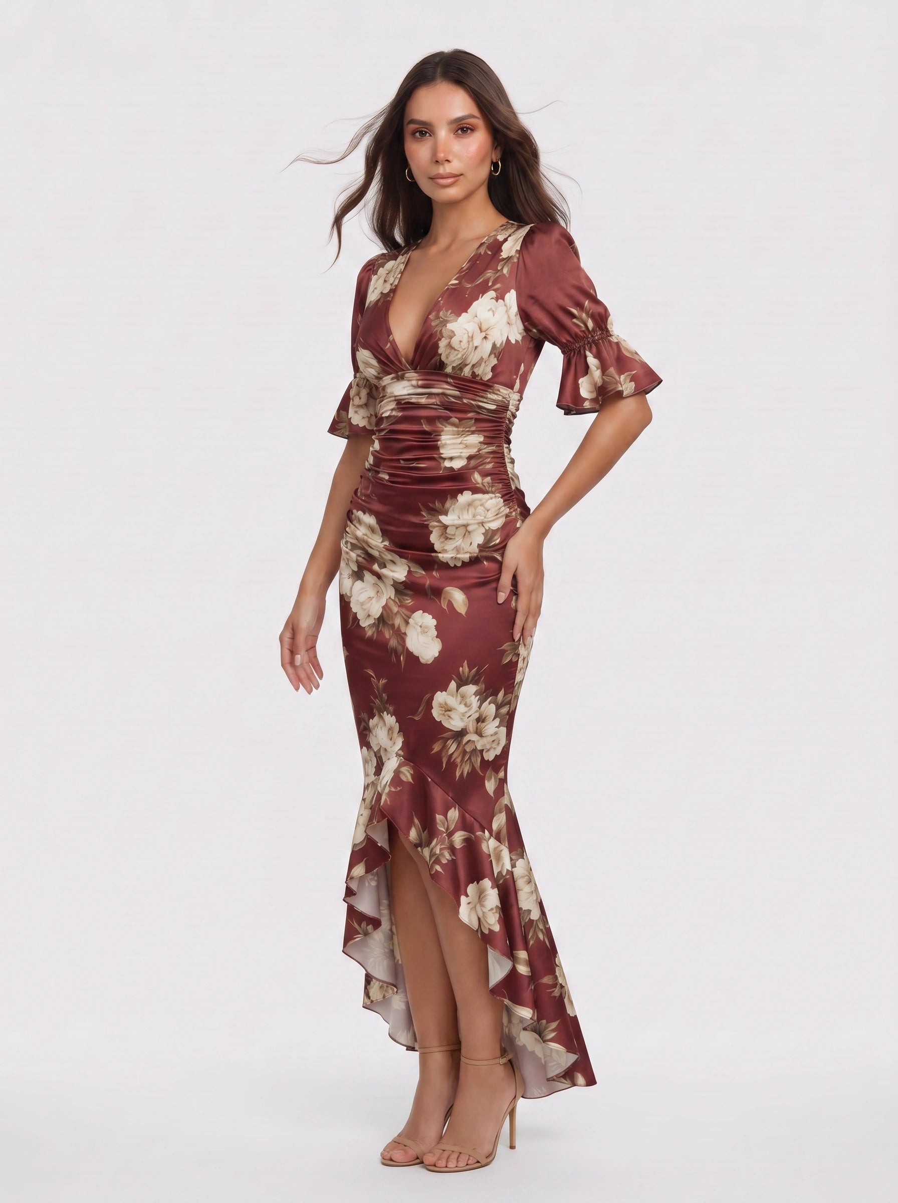 Satirose Ruched Floral Maxi Dress – Romantic Women Formal Wedding Guest Evening Party V-Neck Wrap Maxi Dress