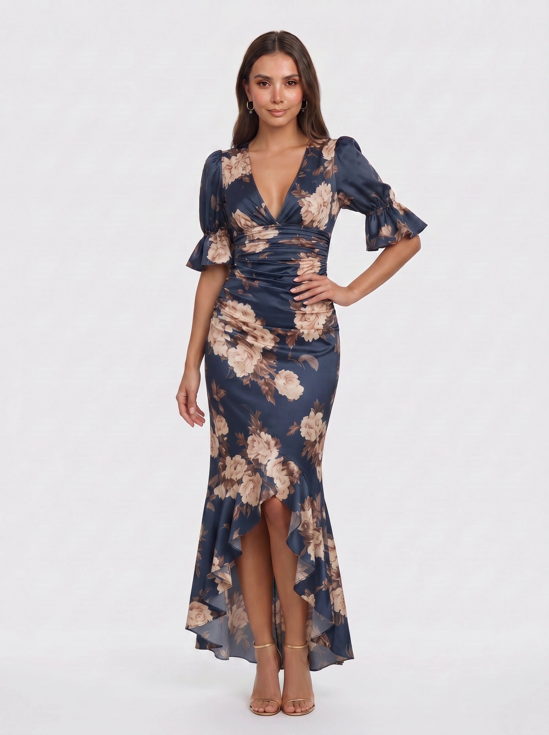 Satirose Ruched Floral Maxi Dress – Romantic Women Formal Wedding Guest Evening Party V-Neck Wrap Maxi Dress