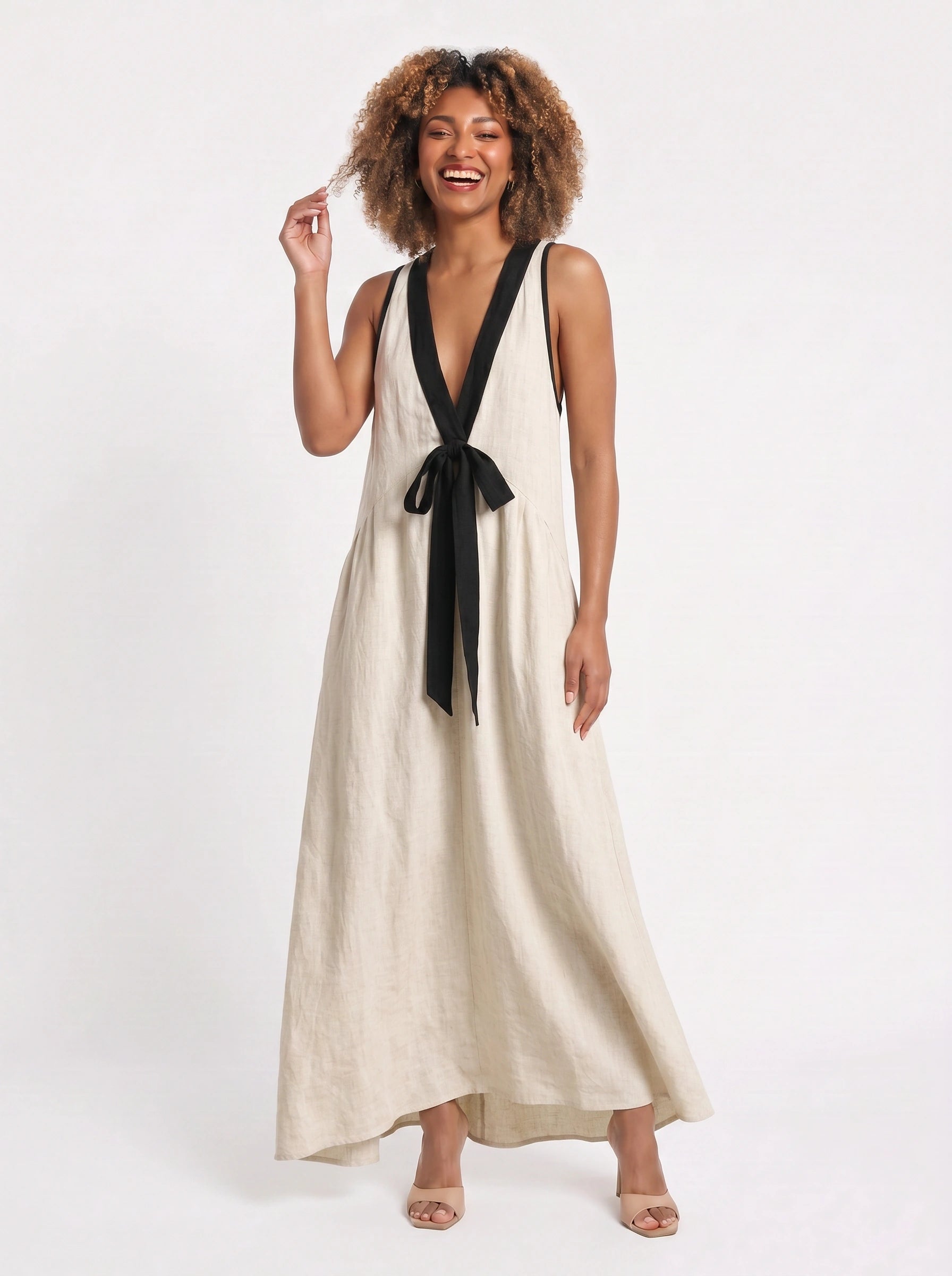 Tiefleur Deep V-Neck Linen Maxi Dress – Linen Maxi Dress Women Sleeveless Plunge Neck Long Dress Resort Vacation