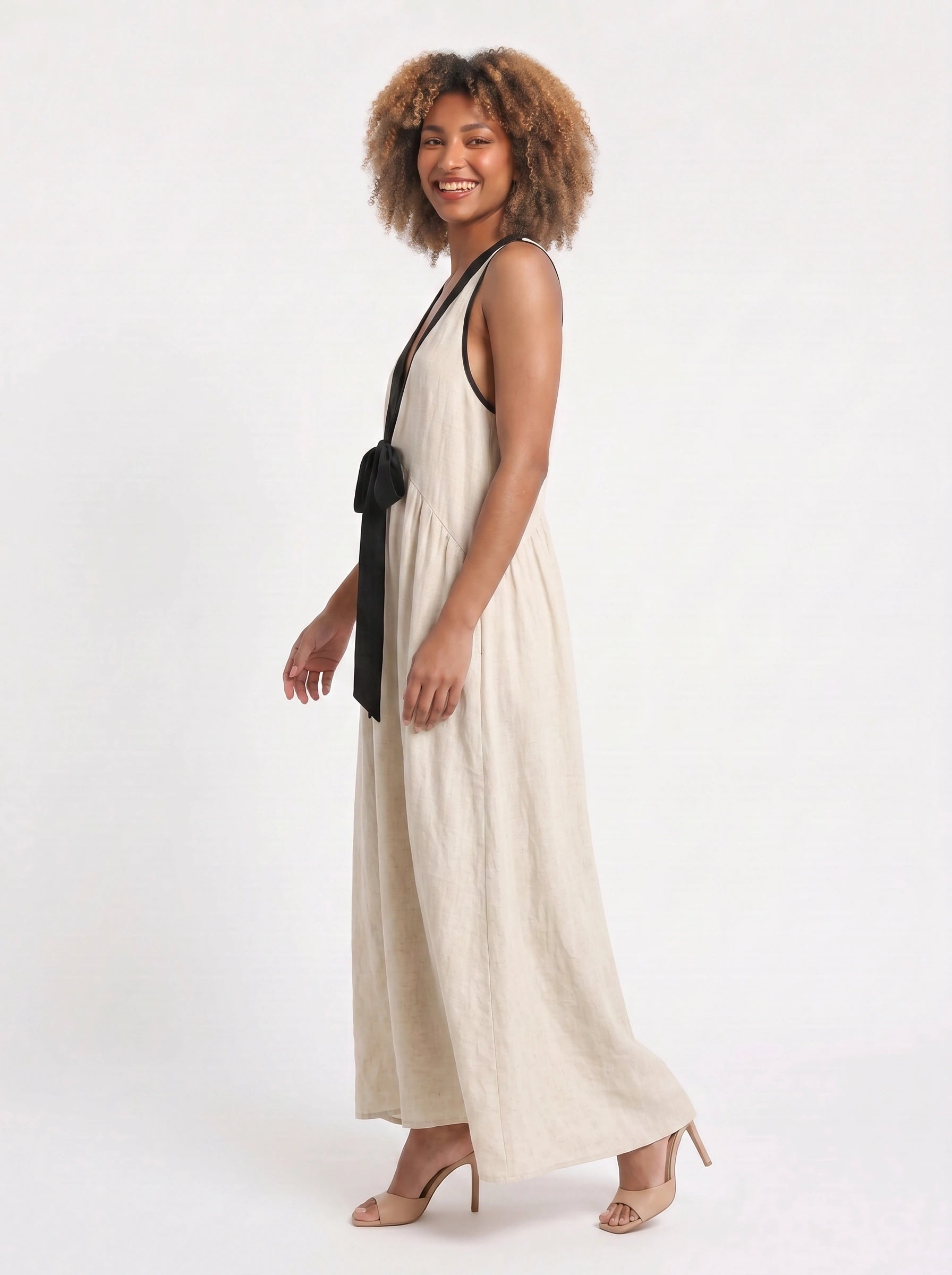 Tiefleur Deep V-Neck Linen Maxi Dress – Linen Maxi Dress Women Sleeveless Plunge Neck Long Dress Resort Vacation