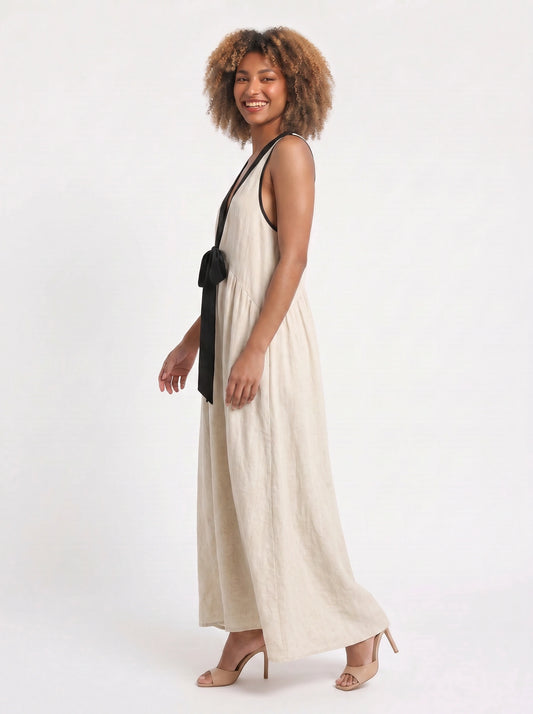 Tiefleur Deep V-Neck Linen Maxi Dress – Linen Maxi Dress Women Sleeveless Plunge Neck Long Dress Resort Vacation