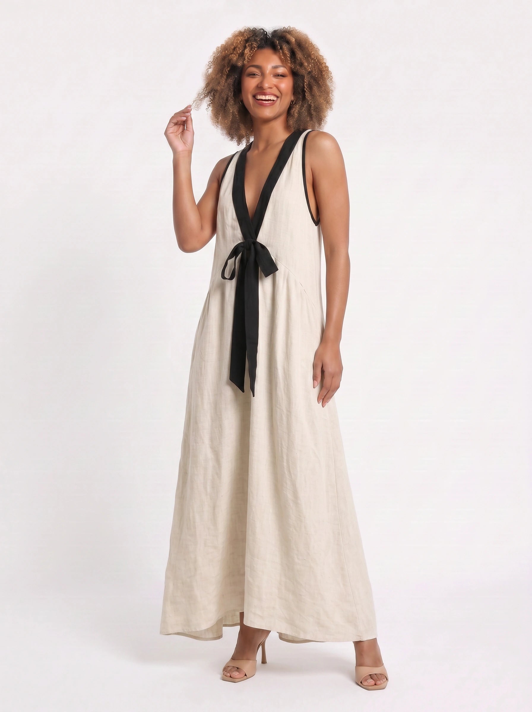 Tiefleur Deep V-Neck Linen Maxi Dress – Linen Maxi Dress Women Sleeveless Plunge Neck Long Dress Resort Vacation