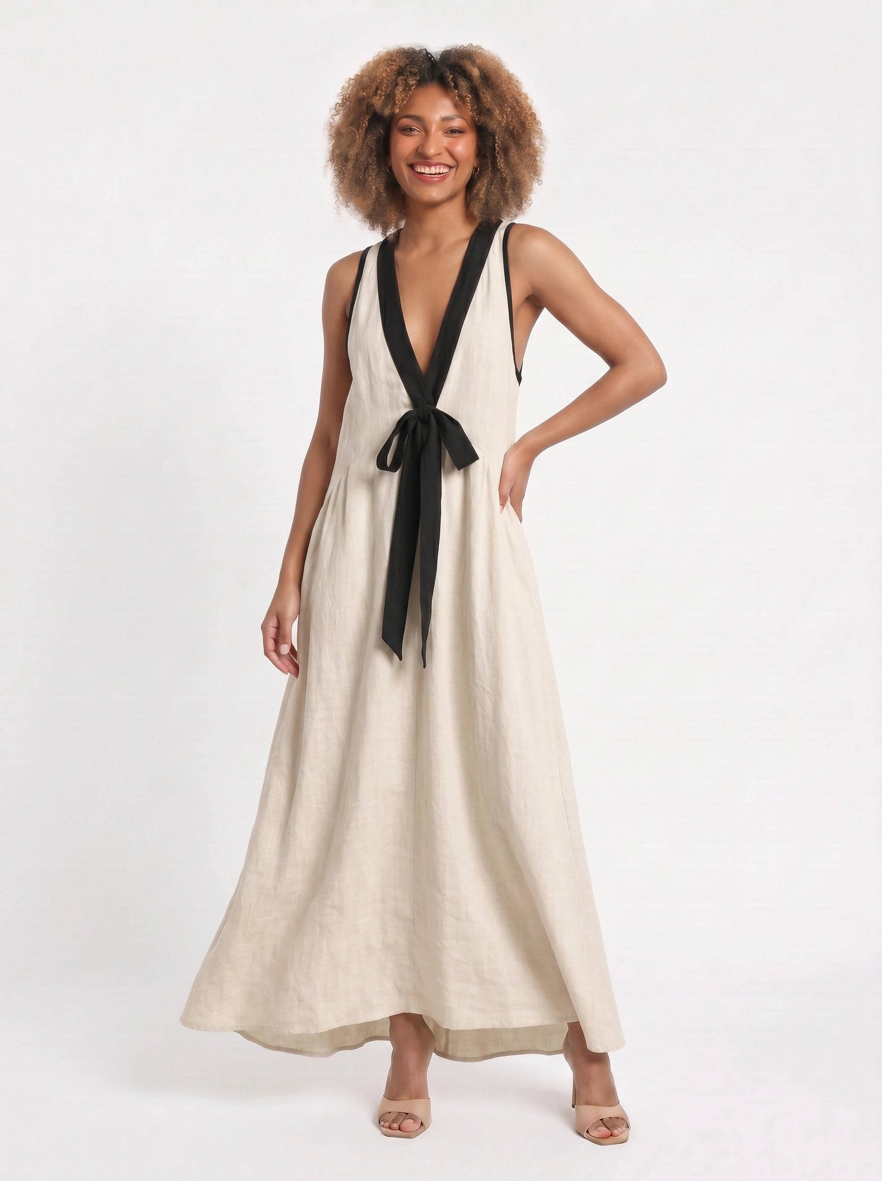 Tiefleur Deep V-Neck Linen Maxi Dress – Linen Maxi Dress Women Sleeveless Plunge Neck Long Dress Resort Vacation