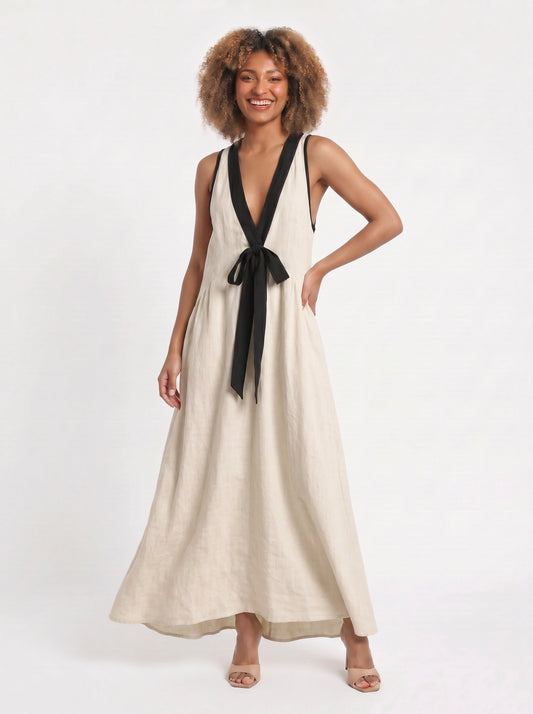 Tiefleur Deep V-Neck Linen Maxi Dress – Linen Maxi Dress Women Sleeveless Plunge Neck Long Dress Resort Vacation