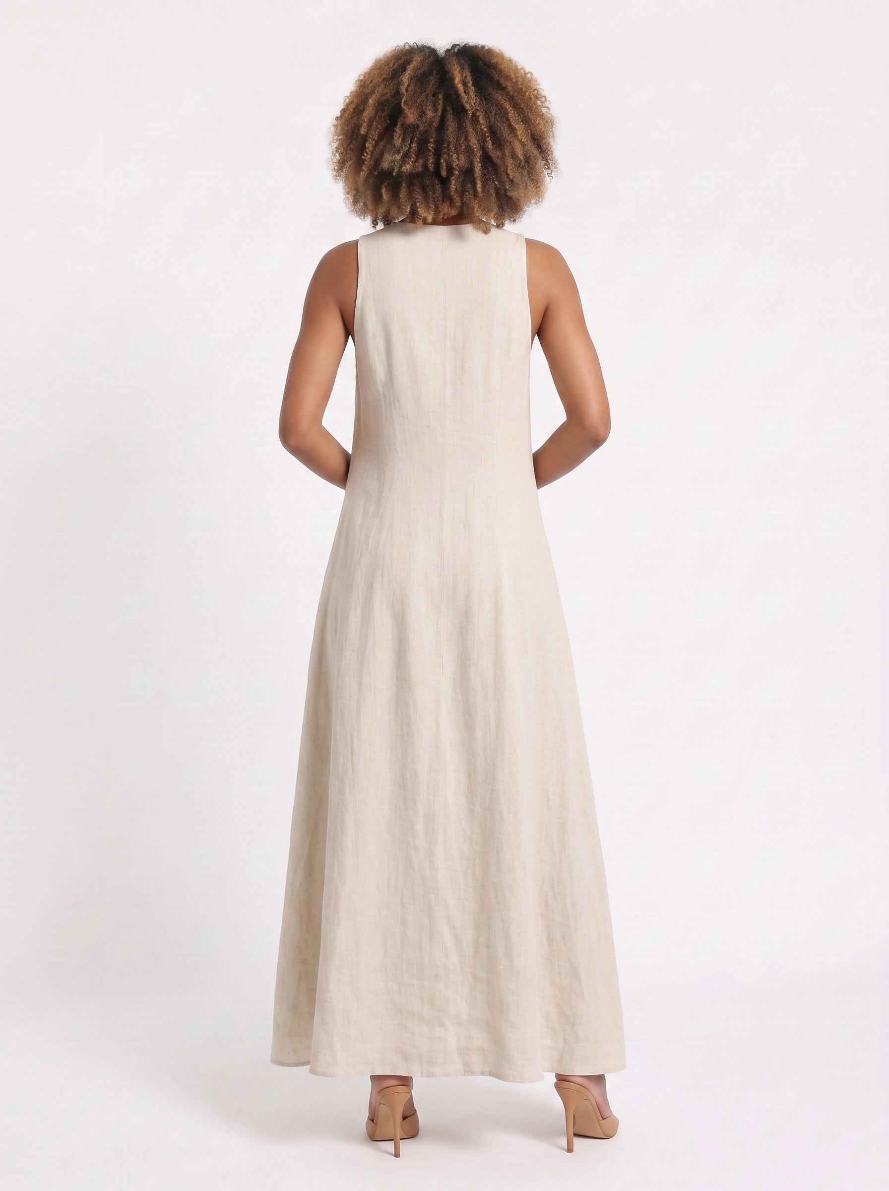Tiefleur Deep V-Neck Linen Maxi Dress – Linen Maxi Dress Women Sleeveless Plunge Neck Long Dress Resort Vacation