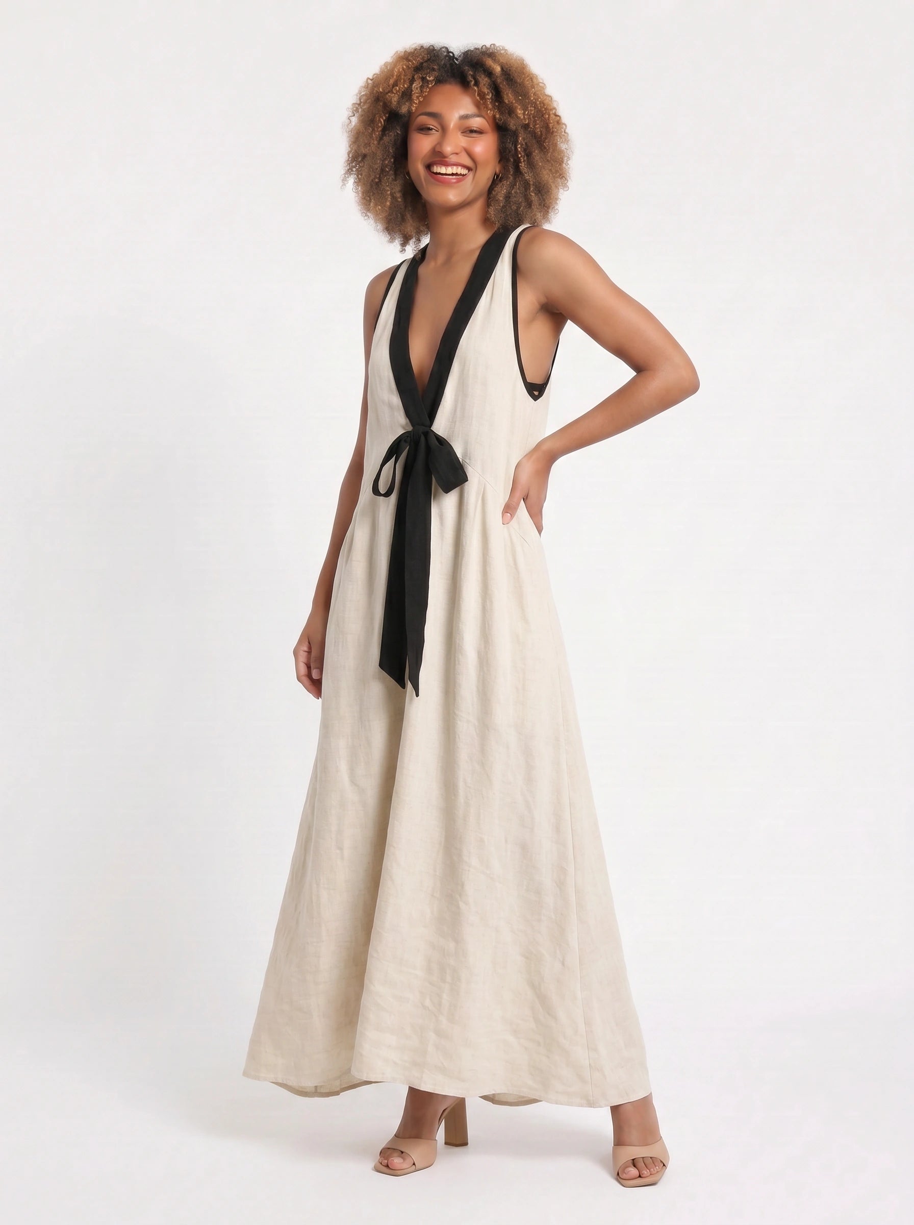 Tiefleur Deep V-Neck Linen Maxi Dress – Linen Maxi Dress Women Sleeveless Plunge Neck Long Dress Resort Vacation